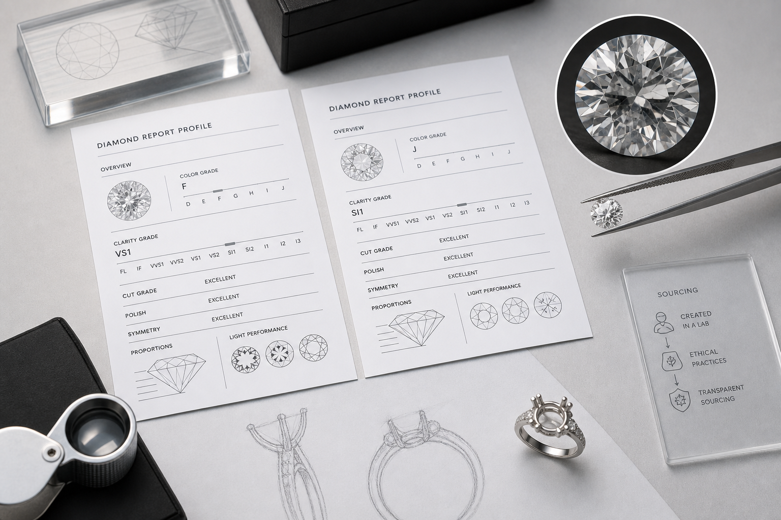 Comparison layout showing two lab-grown diamond report profiles with different color and clarity grades, paired with magnified image and ring setting context