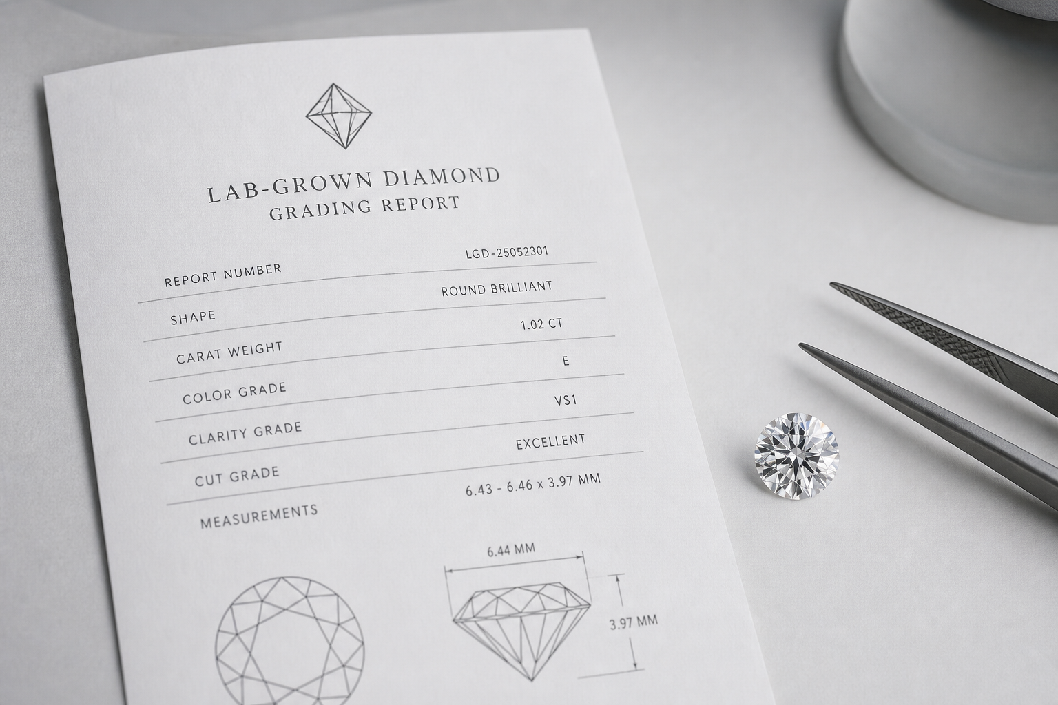 Close-up comparison of a lab-grown diamond grading report beside a loose diamond, highlighting report number, carat weight, color, clarity, and measurements