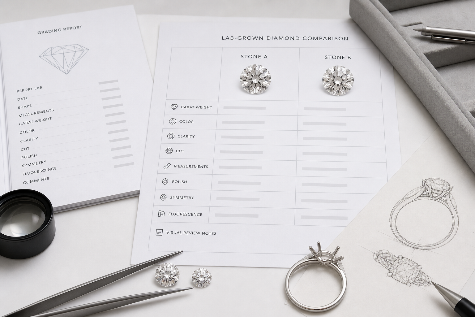 Side-by-side buyer worksheet comparing two certified lab-grown diamonds by report lab, carat weight, color, clarity, measurements, cut information, and visual review notes