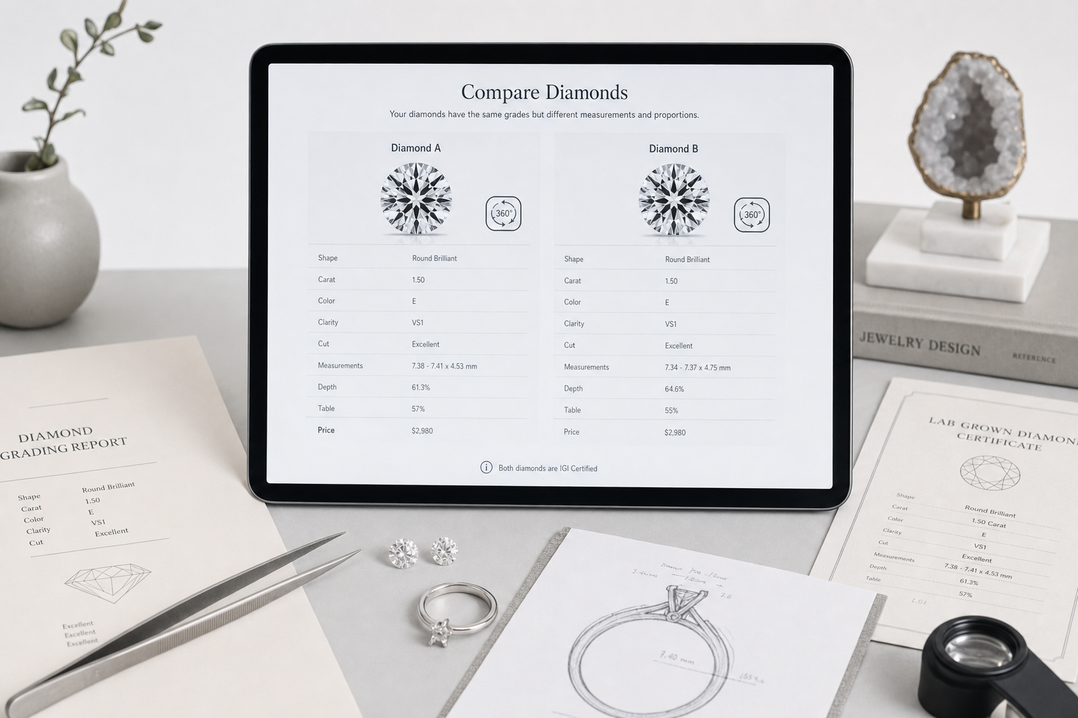 Online comparison screen showing two certified lab-grown diamonds with matching grades but different measurements, proportions, and 360-degree video previews