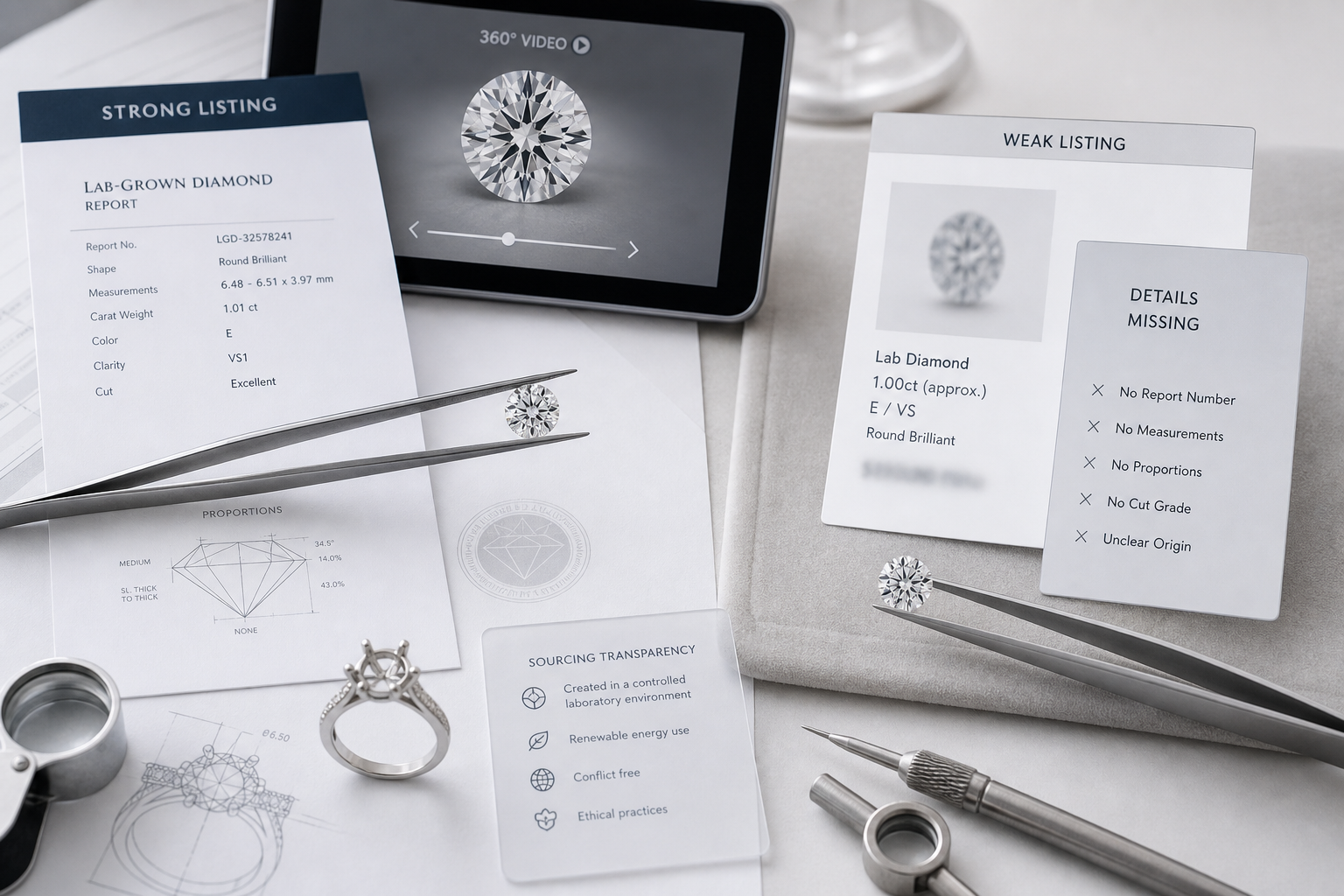 Side-by-side comparison of a clear lab-grown diamond listing with report number, measurements, and 360-degree video versus a weak listing with vague claims and missing documentation