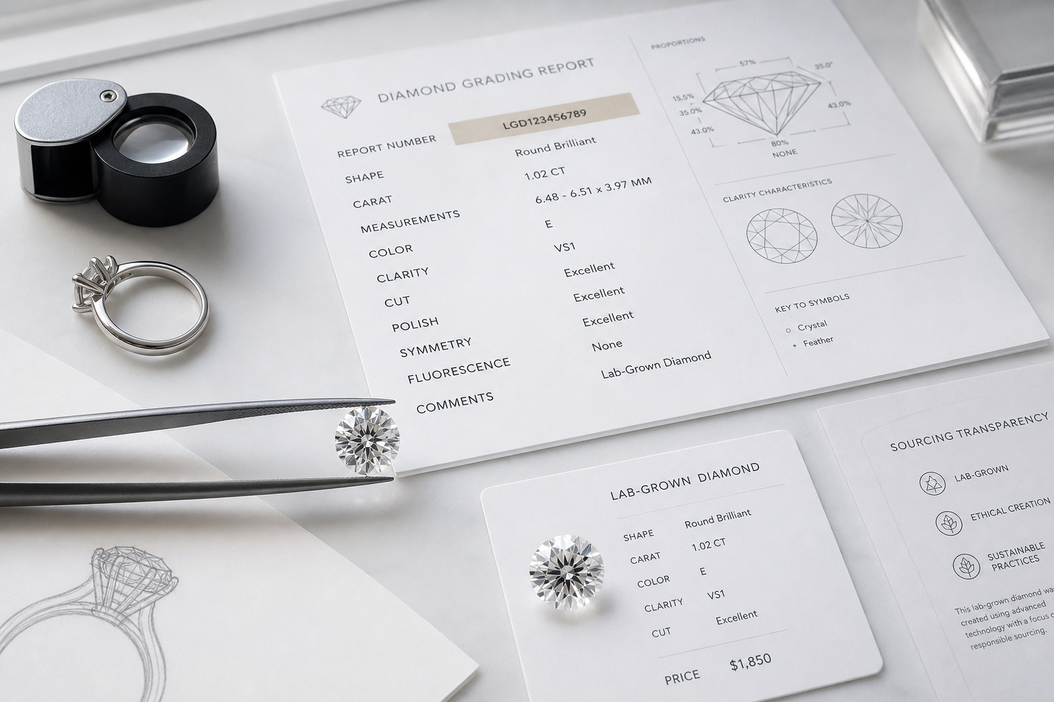 Close-up planning graphic showing a lab-grown diamond grading report beside a matching diamond listing with carat, measurements, color, clarity, and report number highlighted