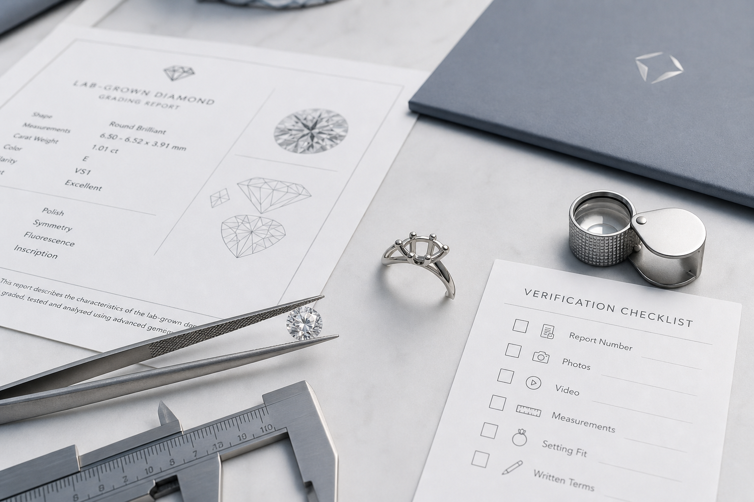 Checklist-style visual showing the verification steps for a low-priced lab-grown diamond: report number, photos, video, measurements, setting fit, and written terms