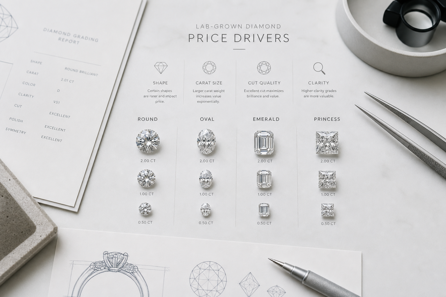 side-by-side comparison of lab-grown diamonds in different shapes and carat sizes with labels for price drivers