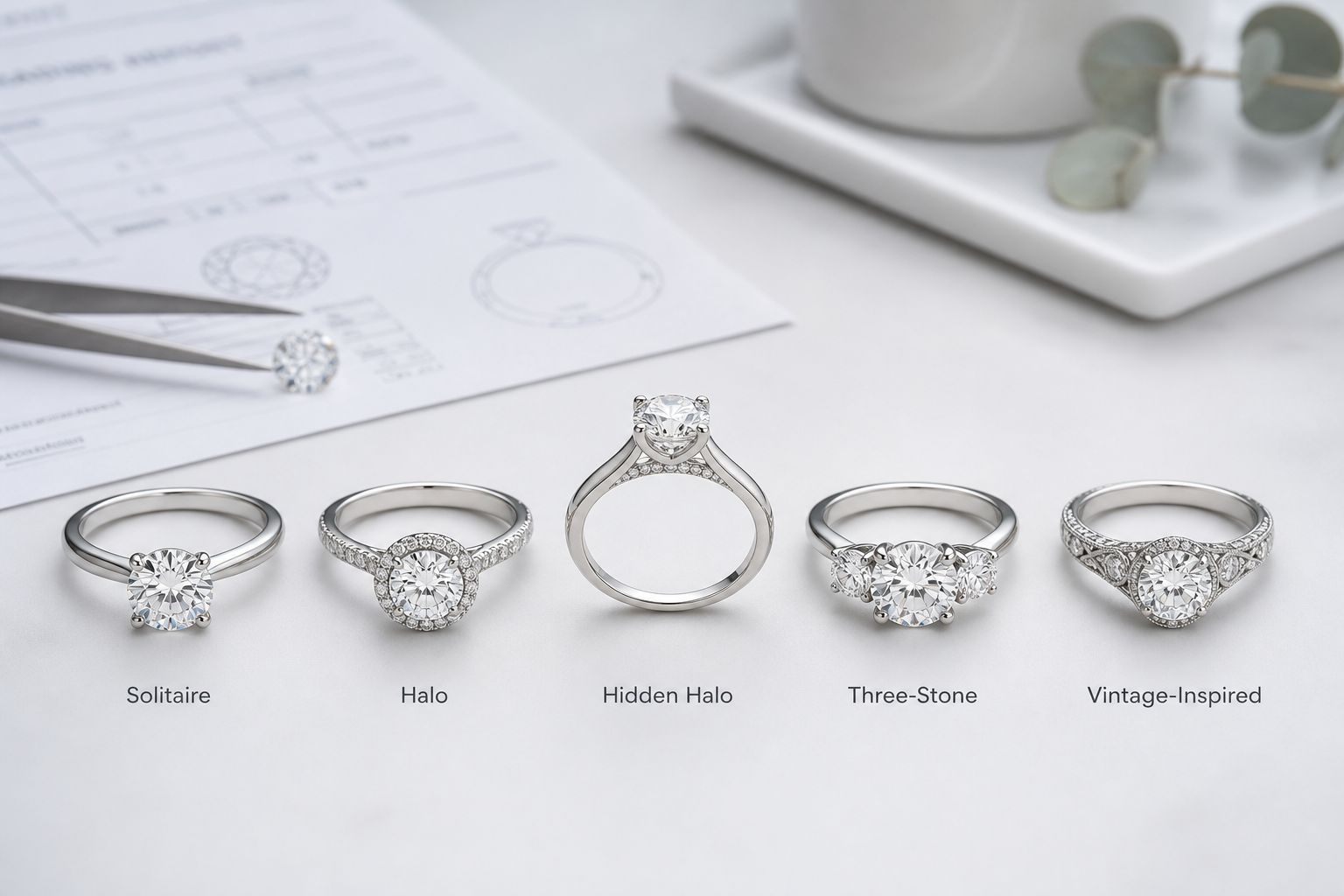 comparison image showing solitaire, halo, hidden halo, three-stone, and vintage-inspired engagement ring settings side by side