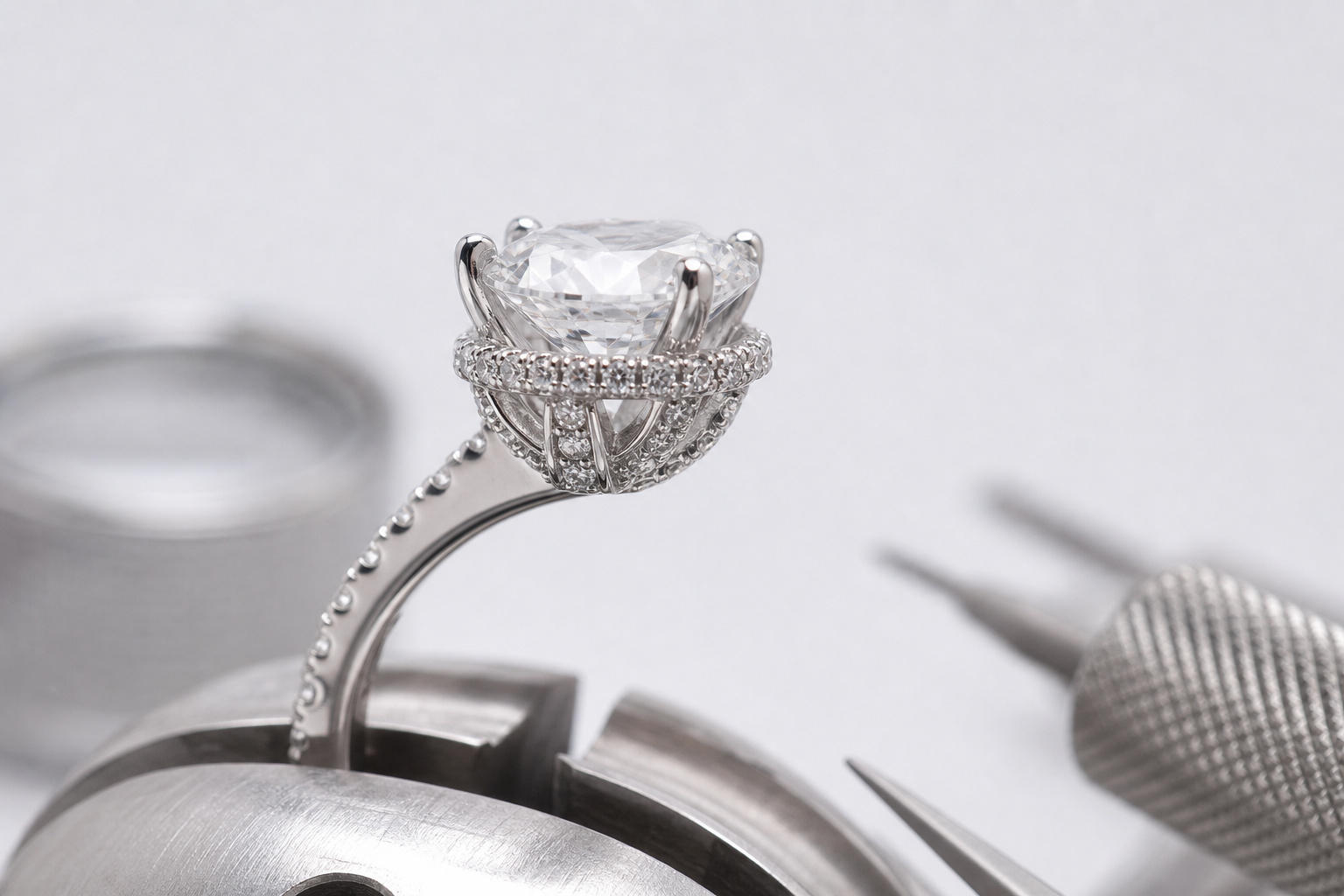 close-up macro view of pavé stones, hidden halo detailing, and hand-finished engagement ring craftsmanship
