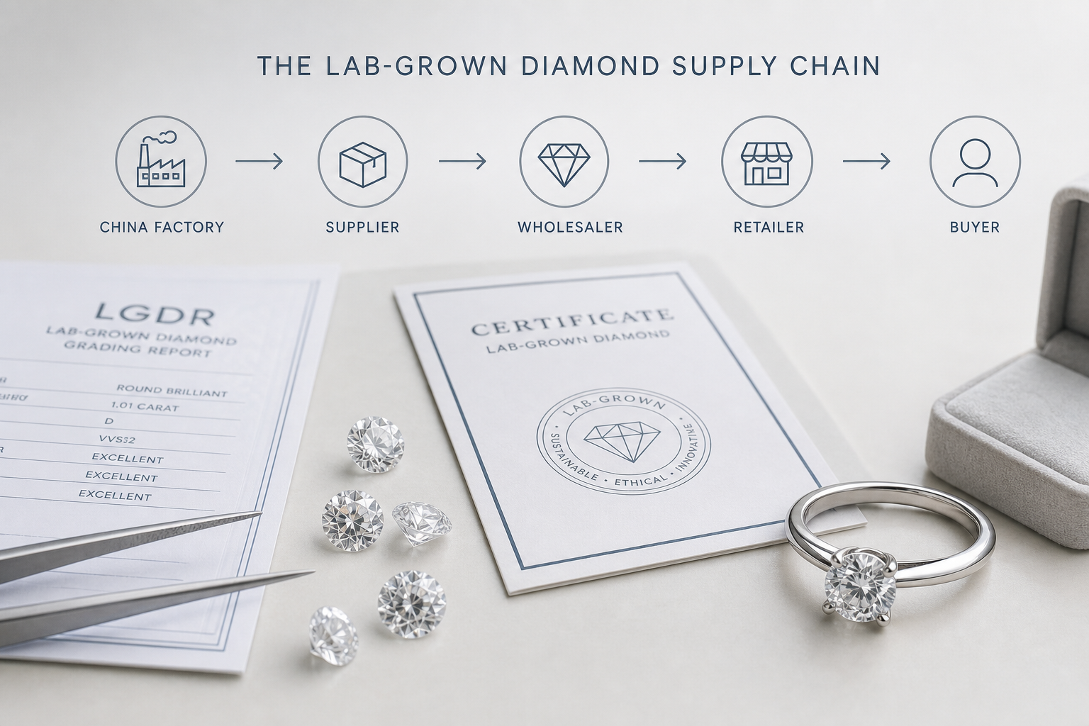 Simplified lab-grown diamond supply chain diagram showing China factory, supplier, wholesaler, retailer, and buyer
