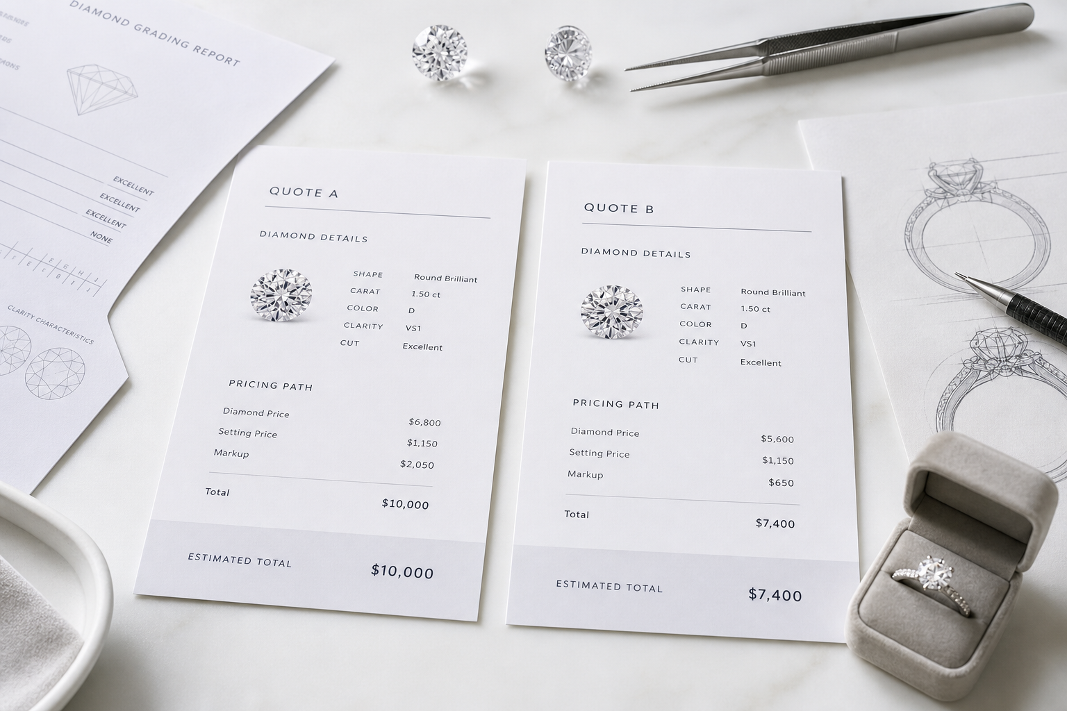 Side-by-side visual comparison of two lab-grown diamond quotes with identical basic specs but different pricing paths