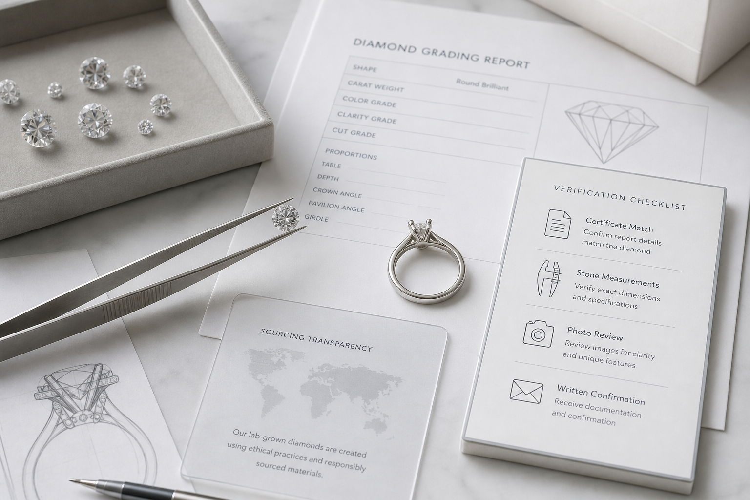 Visual checklist graphic showing certificate match, stone measurements, photo review, and written confirmation steps