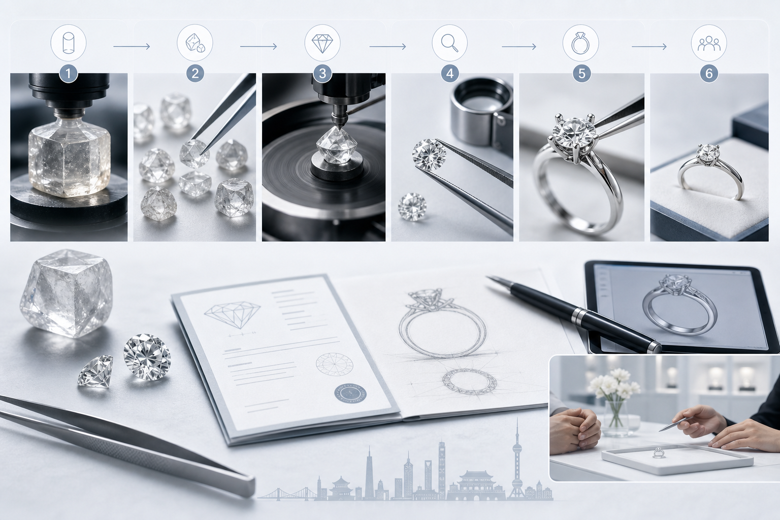 Diagram showing the China lab-grown diamond manufacturing path from rough growth to cutting, grading preparation, jewelry setting, and finished production coordination