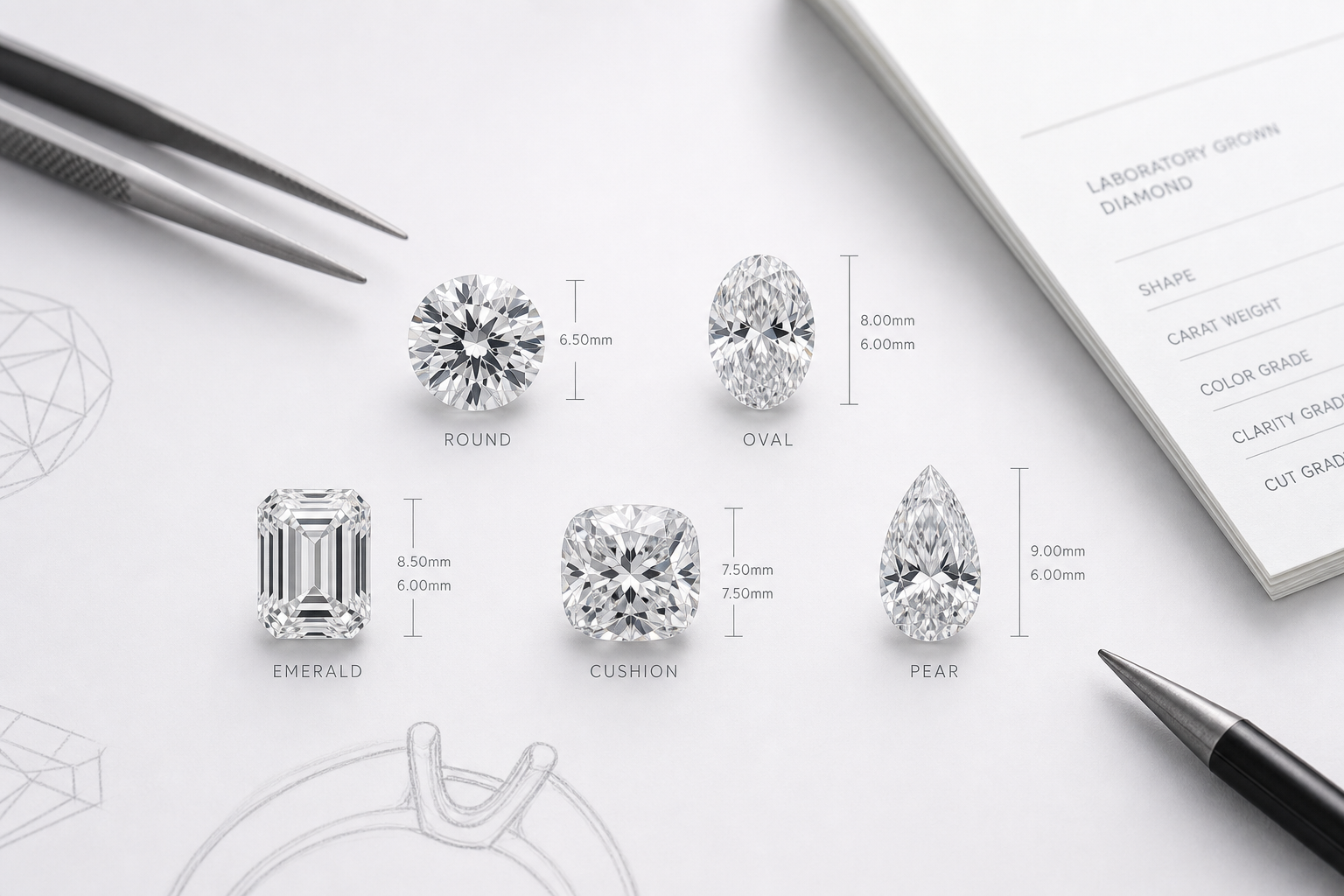 Close-up comparison of polished lab-grown diamond shapes including round, oval, emerald, cushion, and pear with measurement callouts