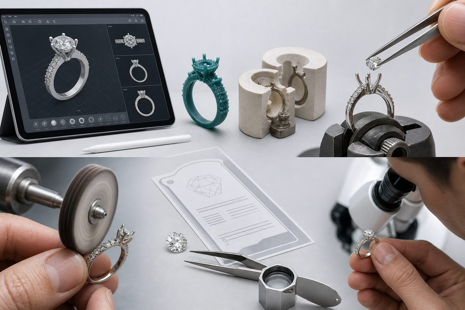Lab-grown diamond ring production workflow showing CAD design, casting, stone setting, polishing, and final inspection