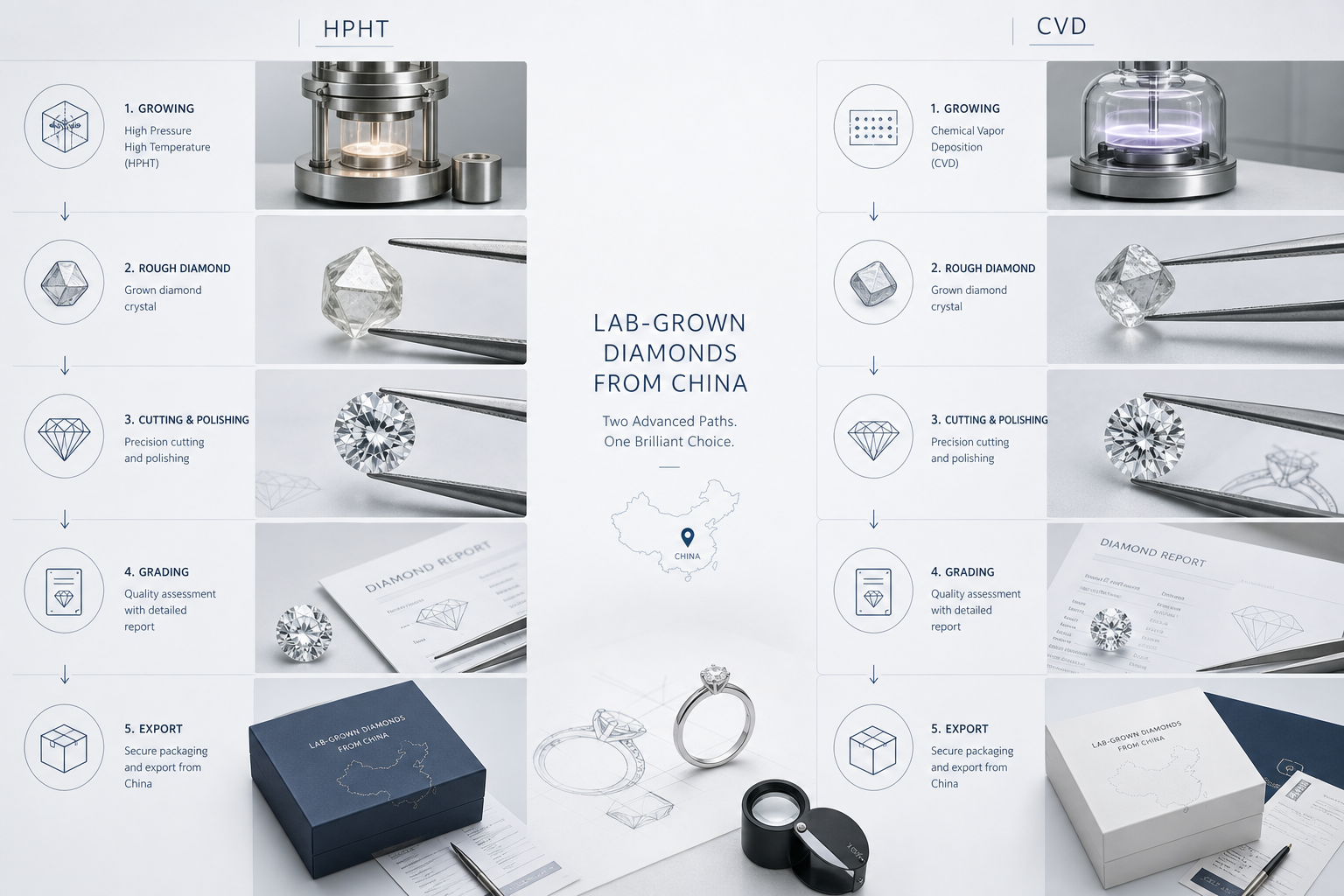 Side-by-side visual diagram showing HPHT and CVD lab-grown diamond sourcing paths through growing, cutting, grading, and export stages in China