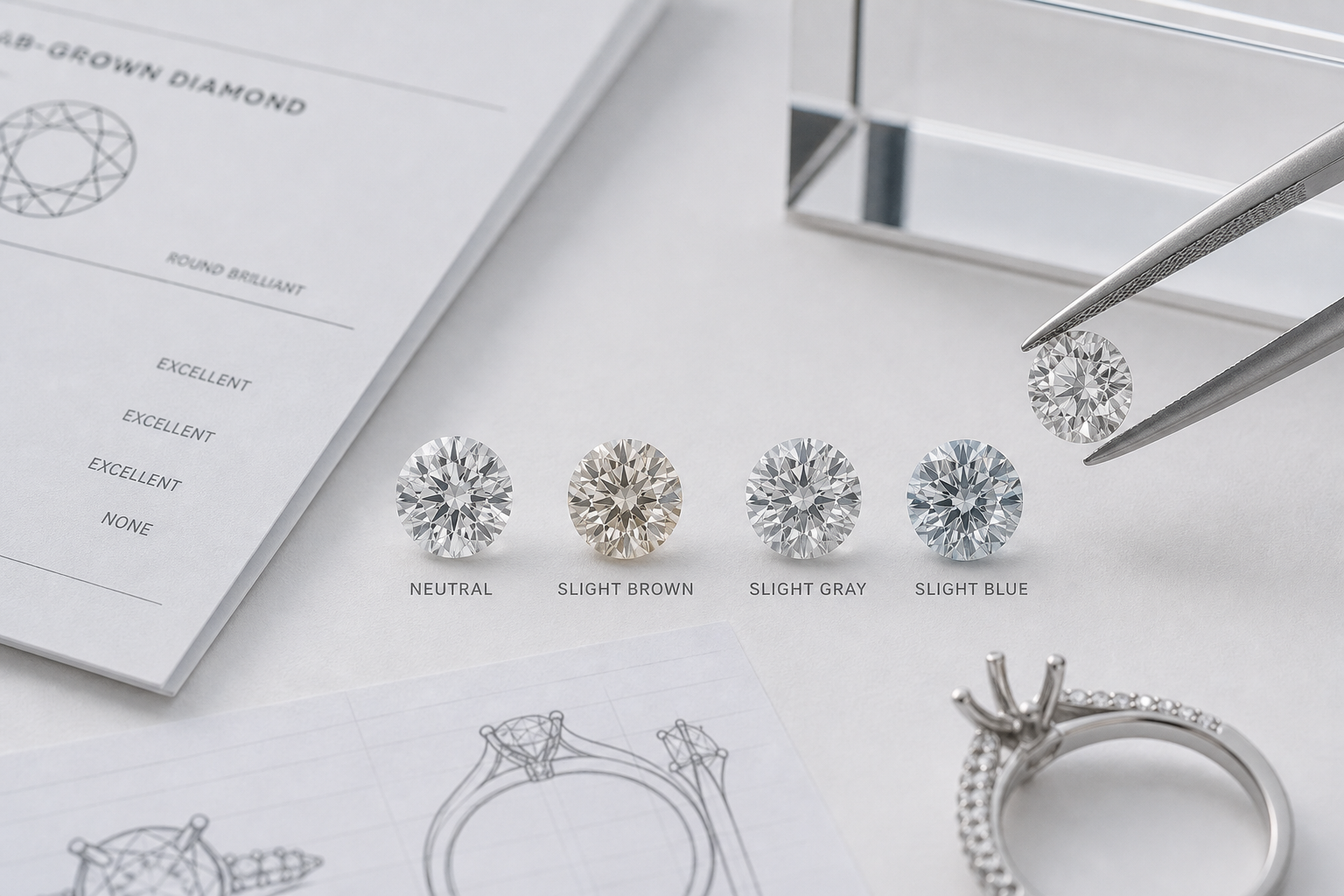 Close comparison of lab-grown diamonds showing differences in color tone, including neutral, slight brown, slight gray, and slight blue nuance under consistent lighting