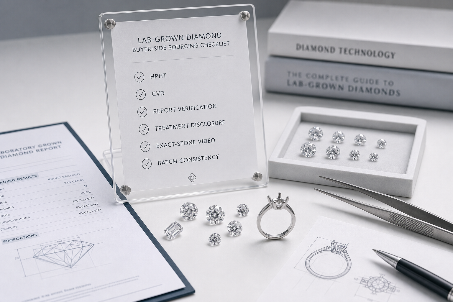 Buyer-side sourcing checklist showing supplier questions for HPHT and CVD lab-grown diamonds, including report verification, treatment disclosure, exact-stone video, and batch consistency