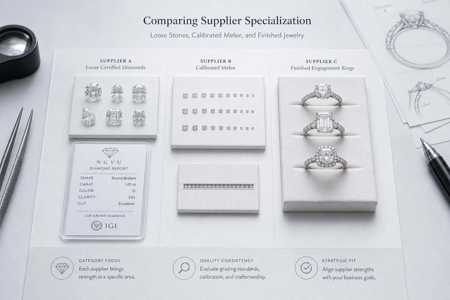Side-by-side comparison of supplier product examples, including loose certified lab-grown diamonds, calibrated melee, and finished engagement rings, used to evaluate category specialization.