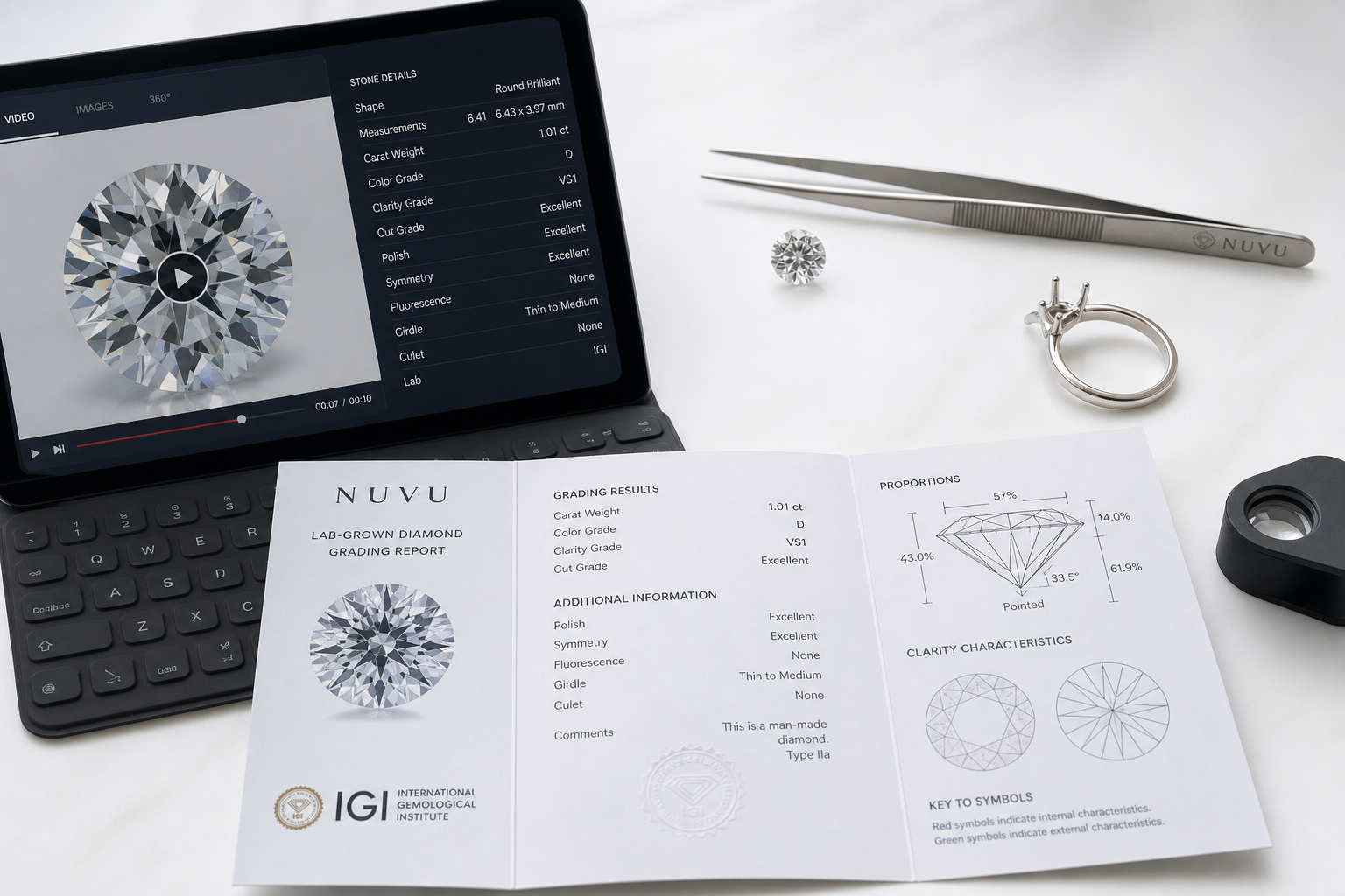 A lab-grown diamond grading report displayed alongside a matching stone video screenshot and measurement details, used to verify document accuracy before ordering.