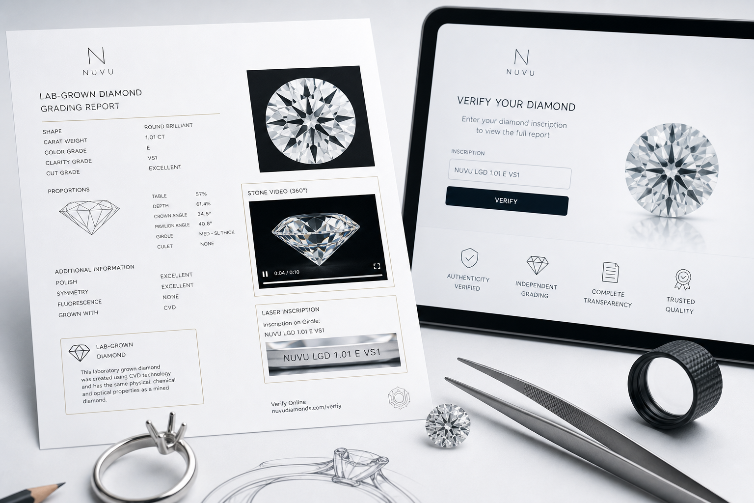 Example verification layout showing a lab-grown diamond grading report, matching stone video screenshot, measurement details, and laser inscription confirmation.