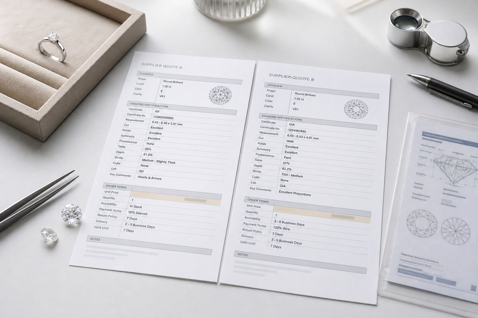 Side-by-side comparison of two lab-grown diamond supplier quote sheets showing the same carat, color, and clarity but different certificate status, measurements, cut details, and order terms