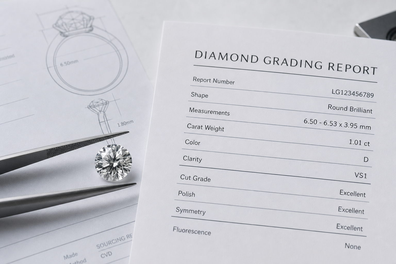 Close-up illustration of a lab-grown diamond grading report beside a loose diamond, highlighting report number, measurements, color, clarity, cut, polish, and symmetry fields