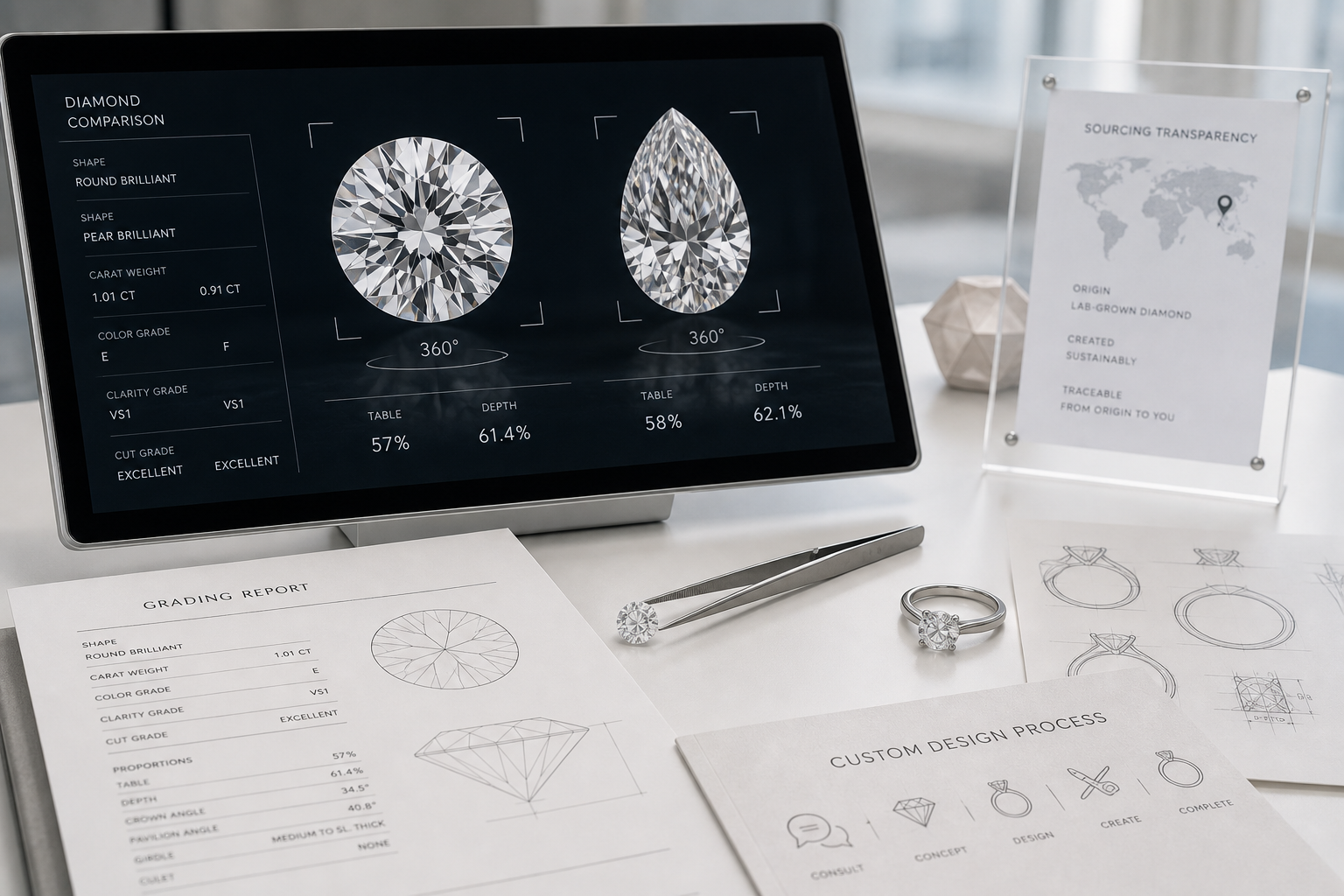 Diamond comparison screen showing a round and a fancy shape lab-grown diamond with measurement overlays, table percentage, depth percentage, and side-by-side 360-degree video frames