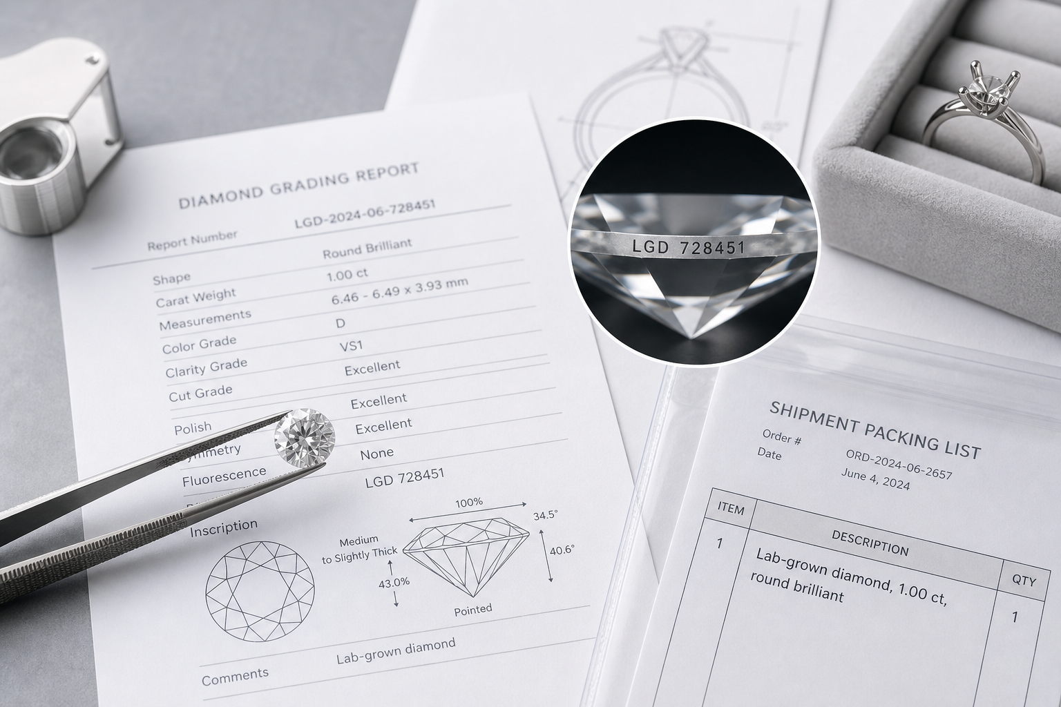 Close-up comparison of a lab-grown diamond grading report number, laser inscription image, and shipment packing list line item