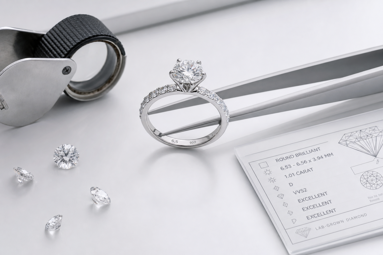 Pre-shipment jewelry QC view showing prongs, center stone alignment, pavé stones, ring size marking, and metal stamp