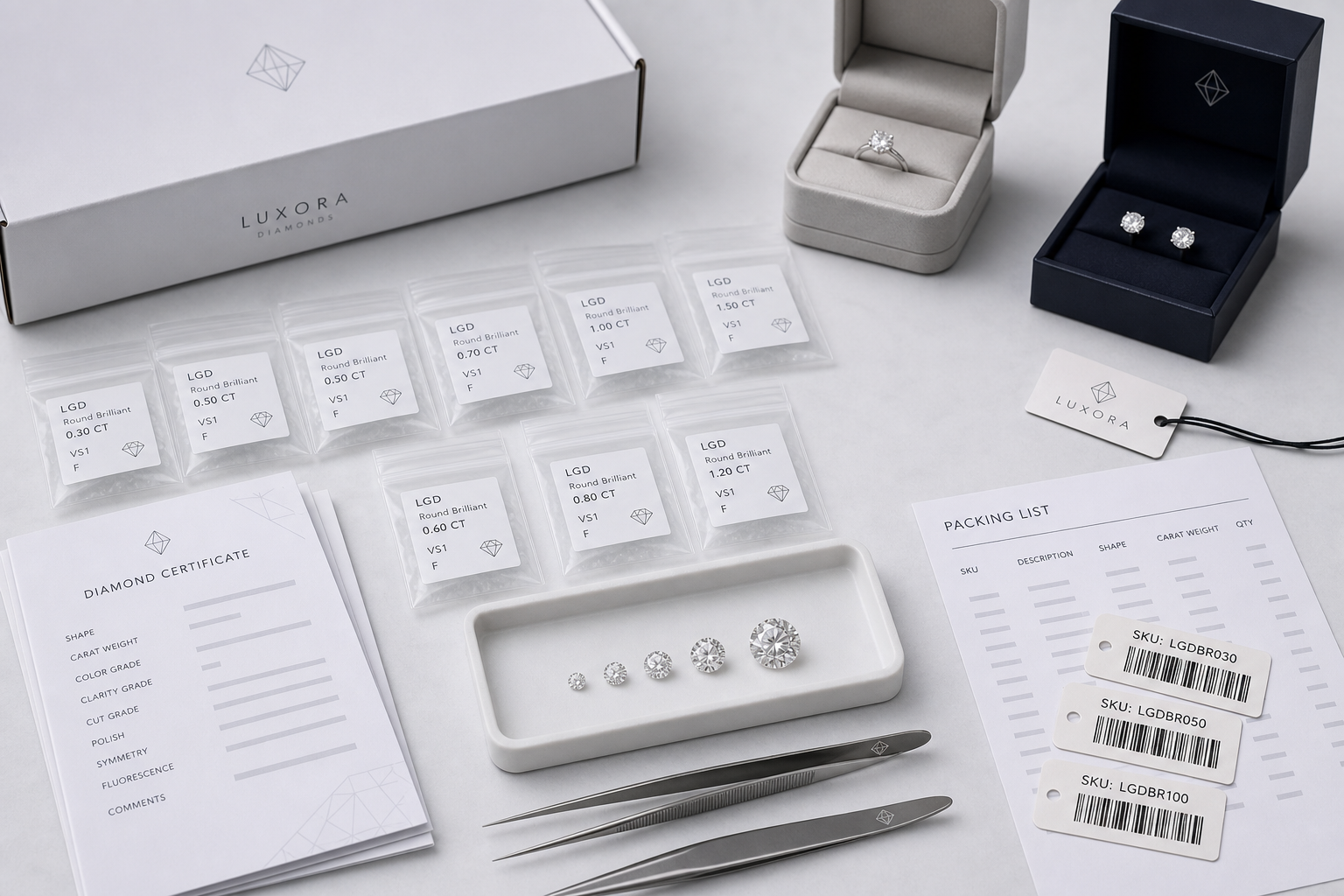 Organized lab-grown diamond shipment preparation showing labeled loose diamond parcels, certificate copies, finished jewelry boxes, SKU tags, and packing list documents