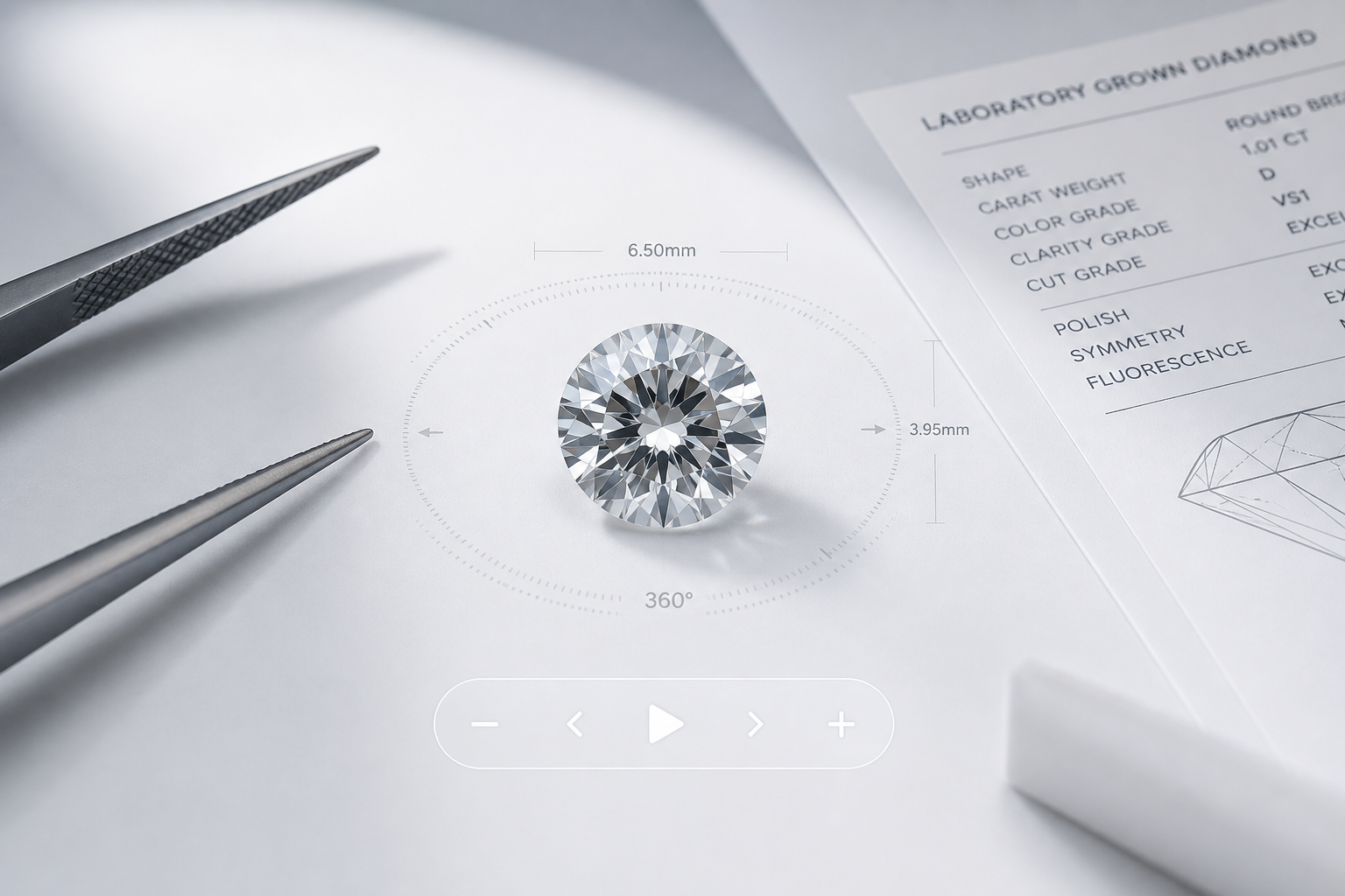 Close-up view of a loose lab-grown diamond with measurement overlay, report reference, and 360-degree video frame