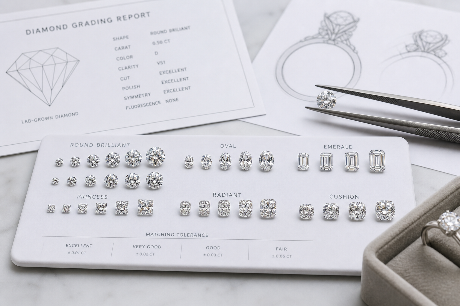 Side-by-side loose lab-grown diamonds arranged by size, shape, and matching tolerance for a retail or custom order