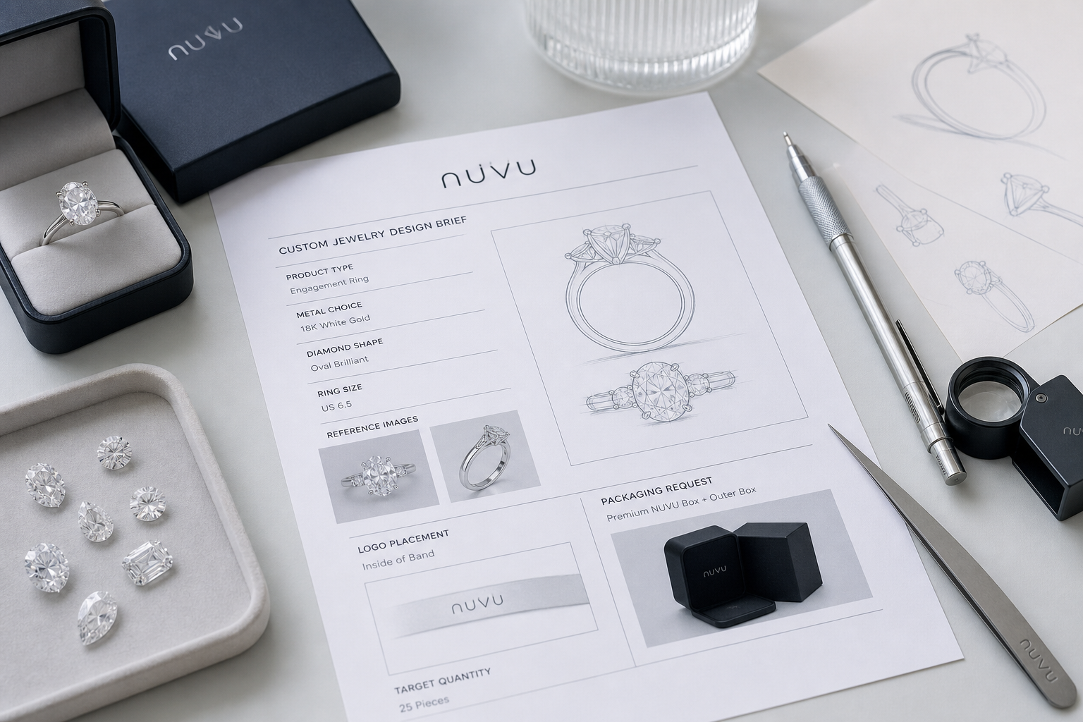 Example custom jewelry design brief showing product type, metal choice, diamond shape, ring size, reference images, logo placement, packaging request, and target quantity