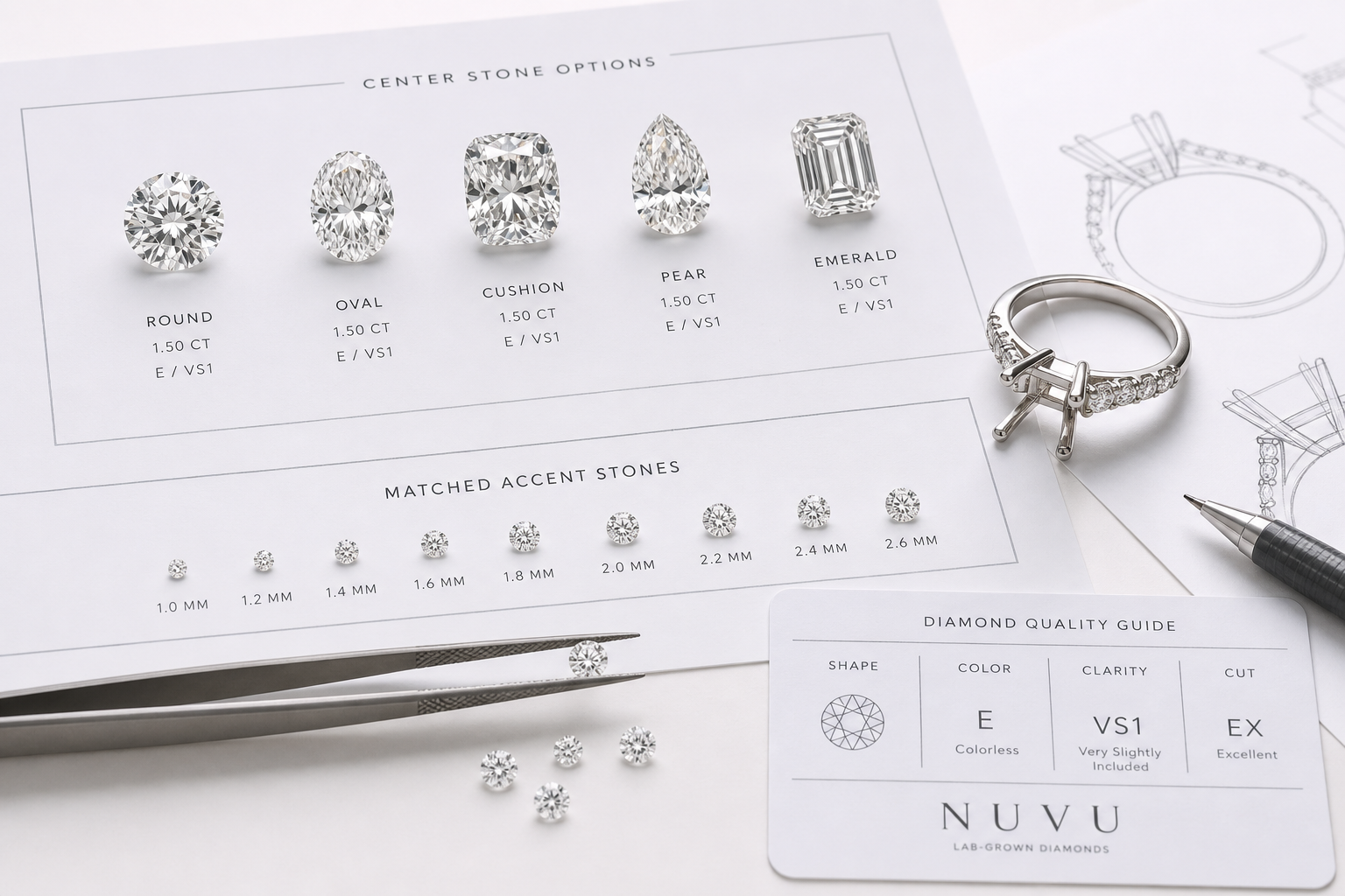 Side-by-side comparison of lab-grown diamond center stone selection and matched accent stones for a custom ring, showing shape, size, and color consistency