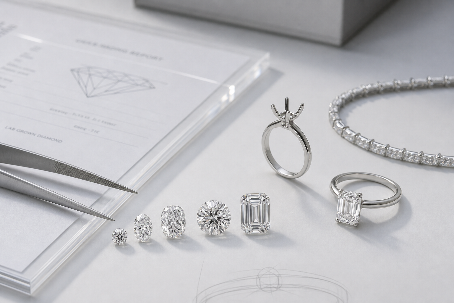 Close-up visual of loose lab-grown diamonds beside completed finished jewelry to illustrate different MOQ structures