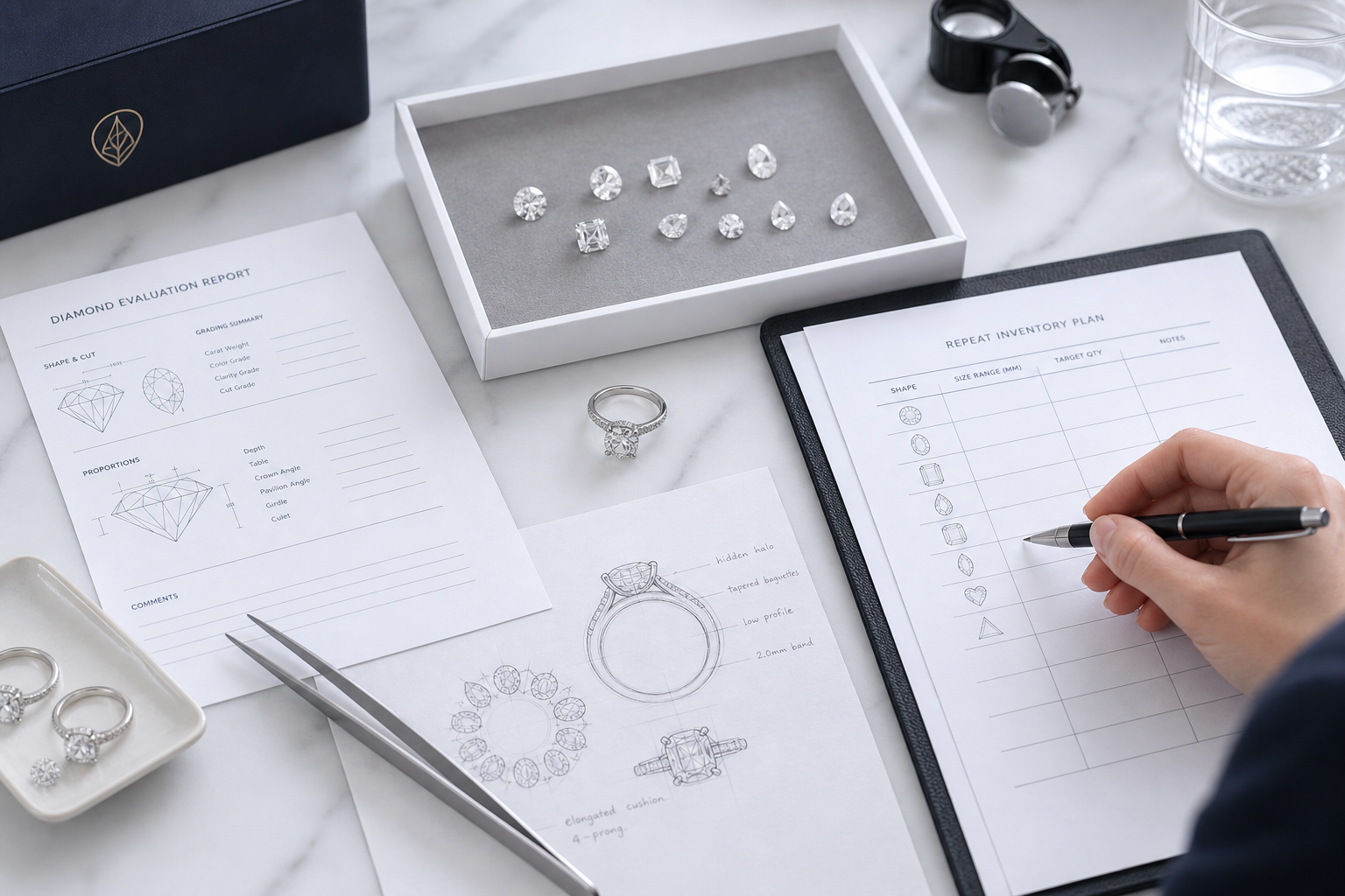 Buyer reviewing a pilot wholesale diamond order beside a repeat inventory planning sheet