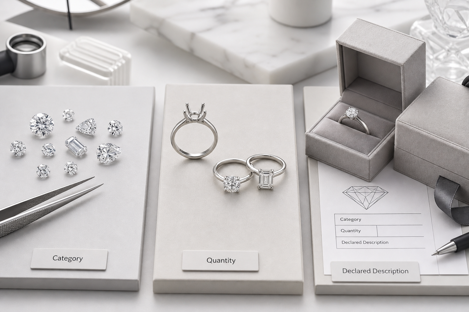 Side-by-side visual showing loose lab-grown diamonds, mounted lab-grown diamond rings, and finished jewelry boxes with document labels for category, quantity, and declared description