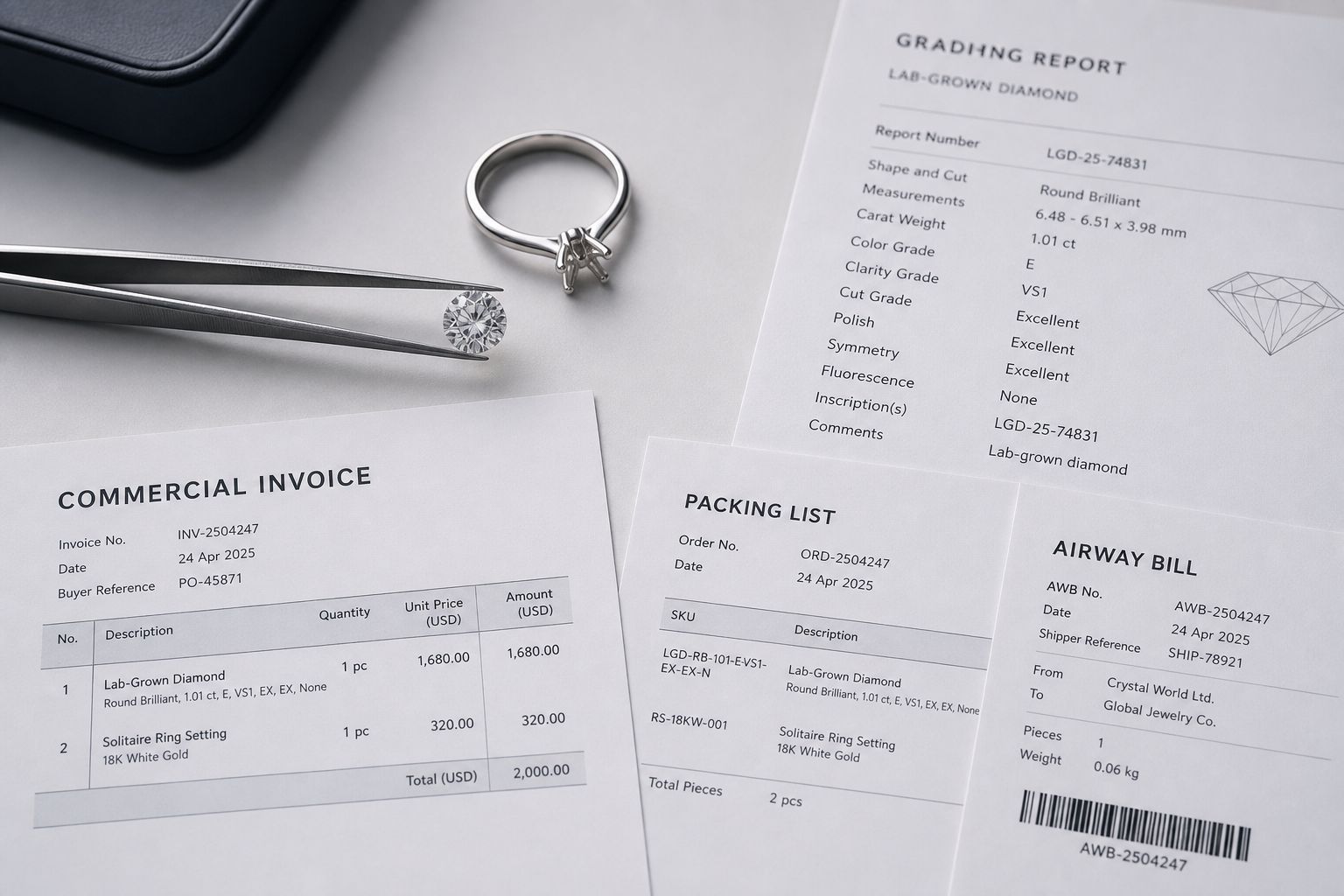Close-up planning image showing a grading report number, commercial invoice line item, packing list SKU, and airway bill reference aligned for the same lab-grown diamond order