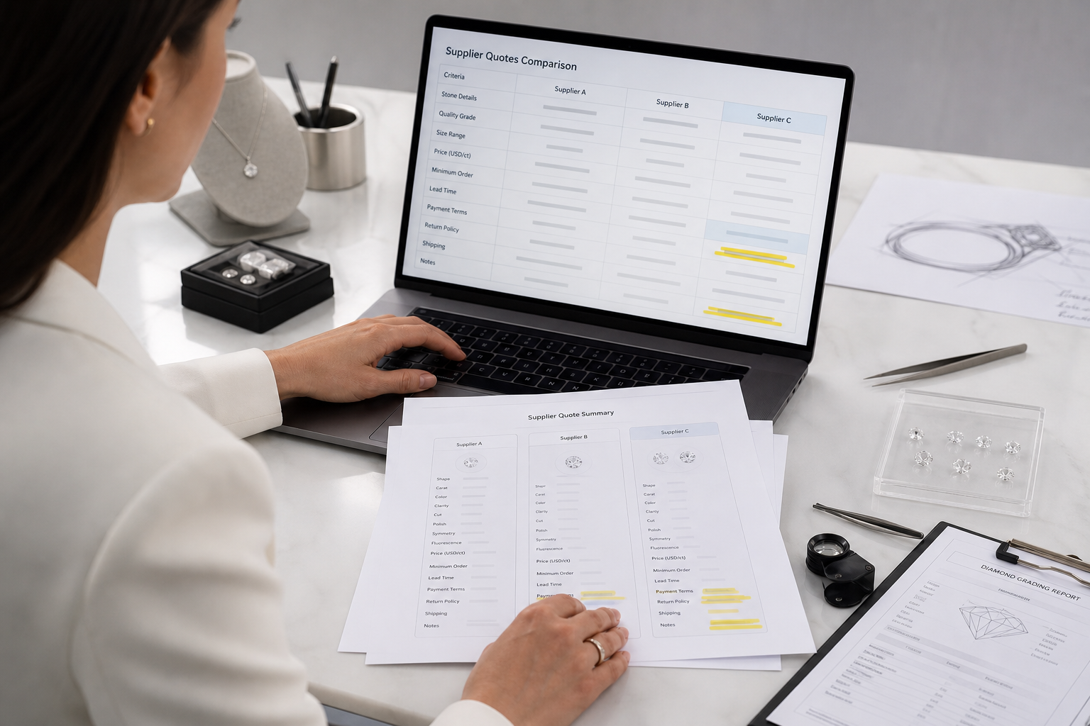 Buyer reviewing multiple supplier quotes for loose lab-grown diamonds from China on a laptop, with one offer highlighted for vague wording and rushed payment terms