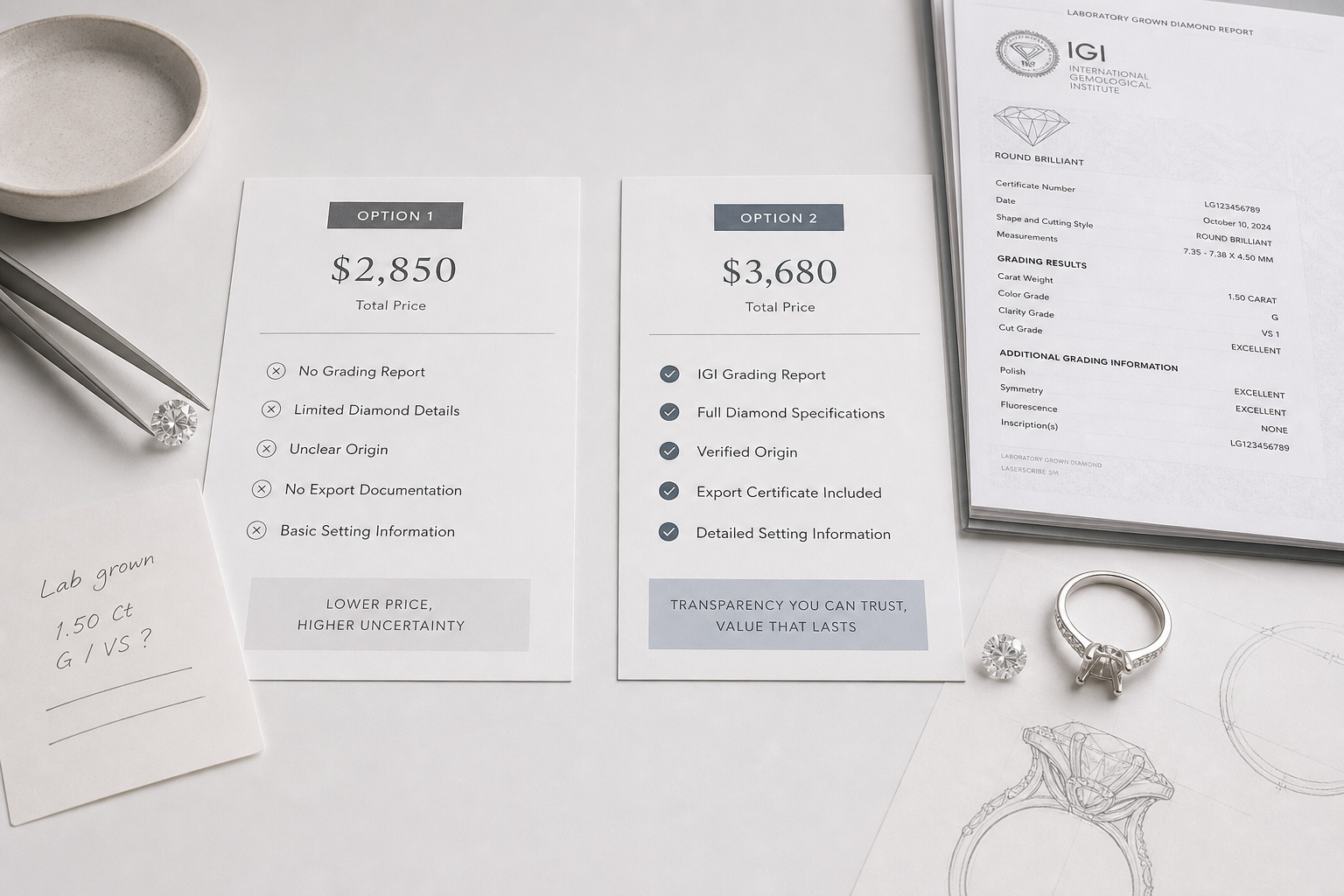 Simple side-by-side pricing comparison showing one low quote with missing documentation and another quote with clear inclusions and export terms