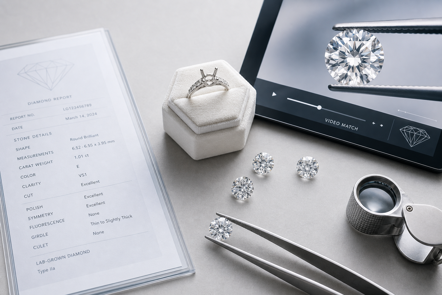 Stone-specific certificate check with report number, measurements, and matching diamond video still aligned on screen
