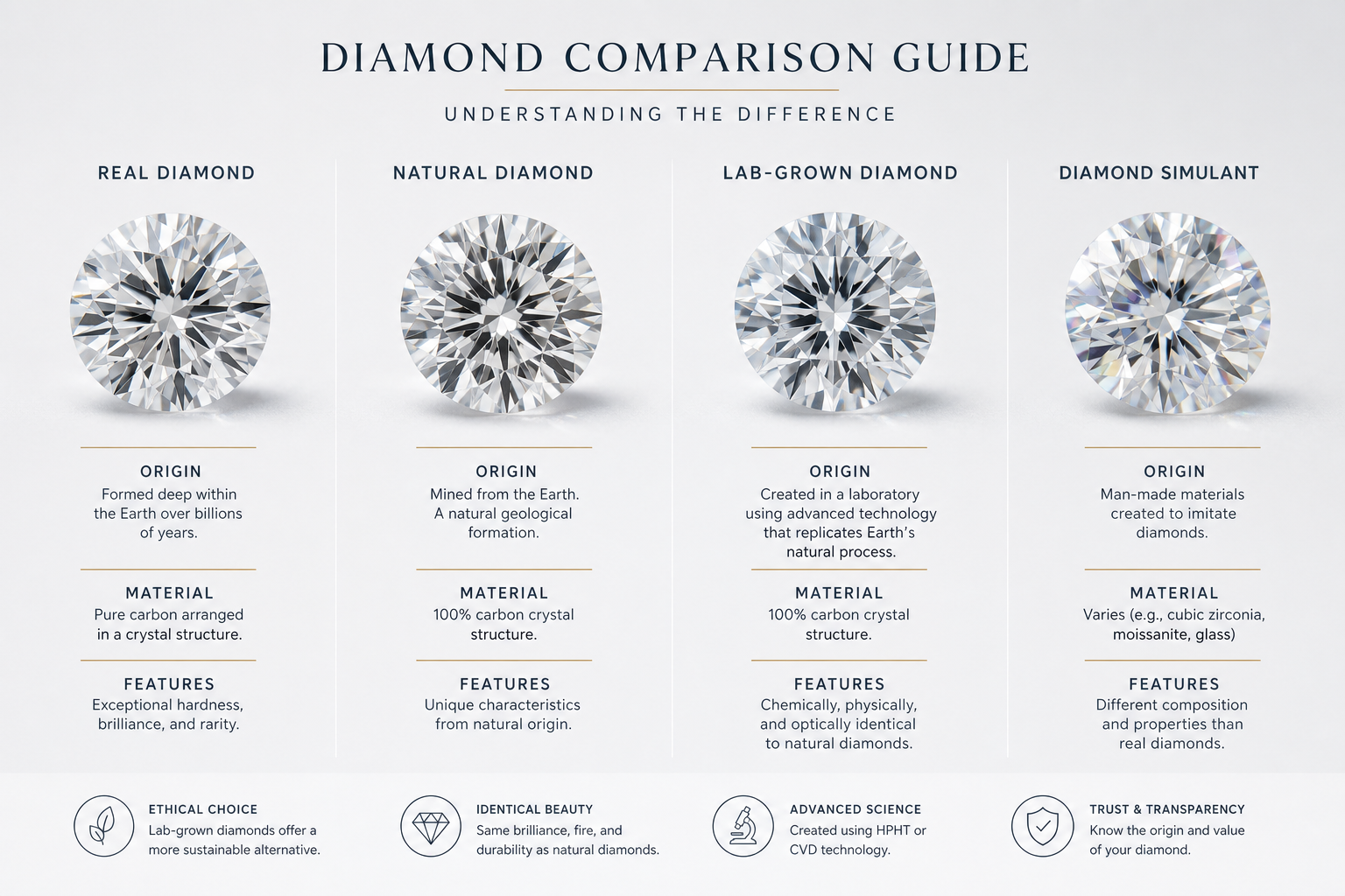 Side-by-side visual chart showing “real diamond,” “natural diamond,” “lab-grown diamond,” and “diamond simulant” with clear origin and material distinctions