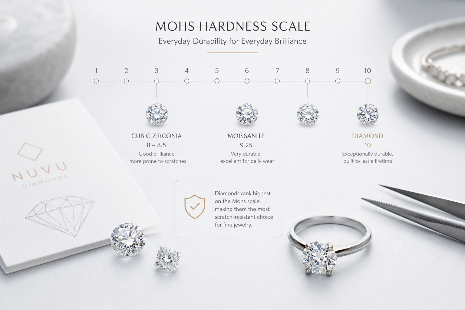 Simple buyer-friendly Mohs hardness scale comparing diamond, moissanite, and cubic zirconia for everyday jewelry wear