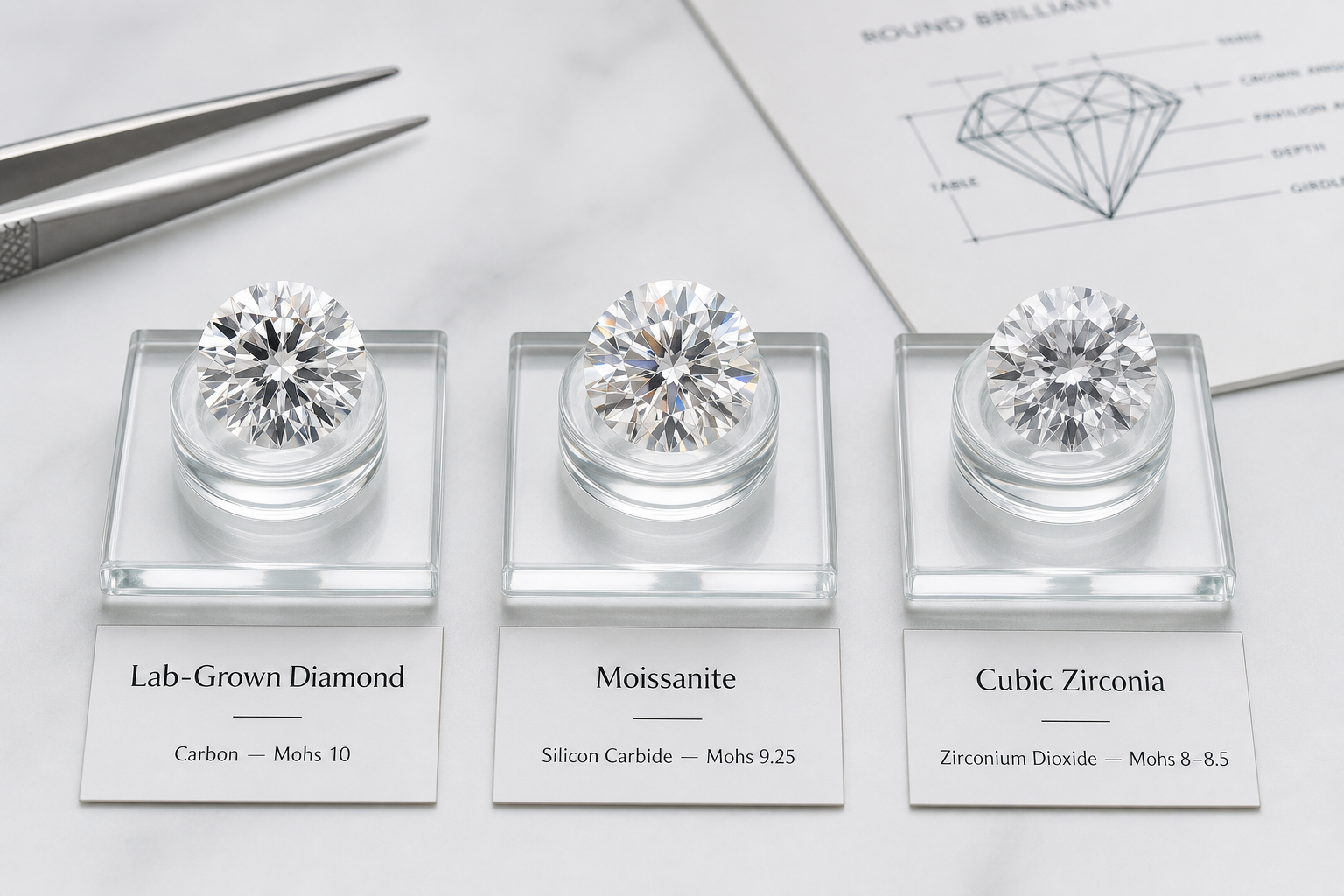 Side-by-side labeled comparison of a lab-grown diamond, moissanite, and cubic zirconia showing material composition and Mohs hardness