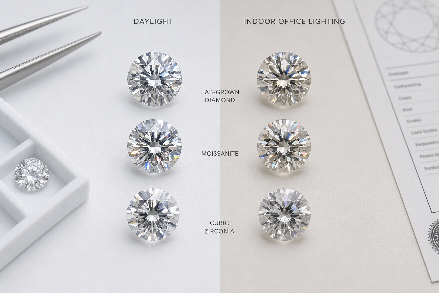 Close-up comparison of lab-grown diamond, moissanite, and cubic zirconia under daylight and indoor lighting showing different light performance