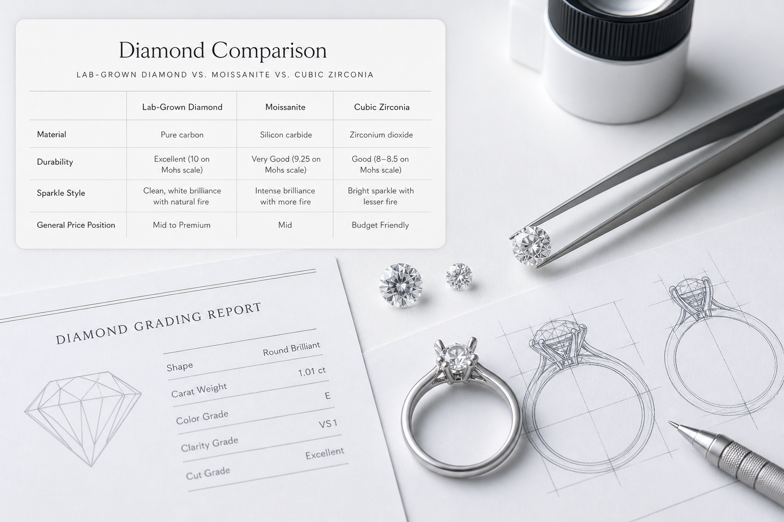 Clean comparison chart showing lab-grown diamond, moissanite, and cubic zirconia across material, durability, sparkle style, and general price position