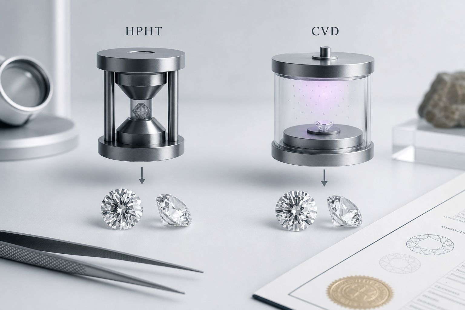 Side-by-side visual overview of HPHT and CVD lab-grown diamond growth paths, showing that both lead to a finished loose diamond