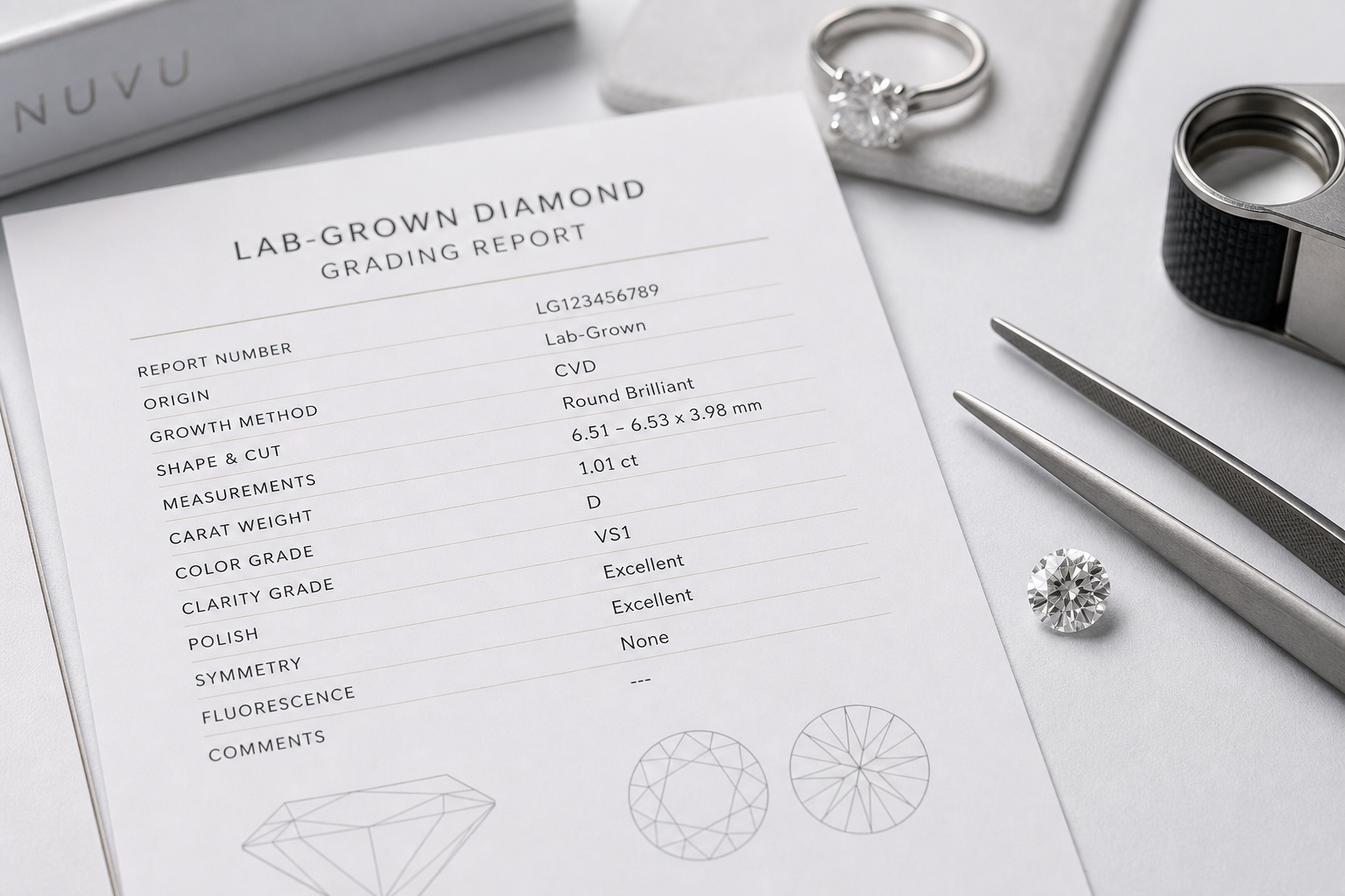 Close-up of a lab-grown diamond grading report highlighting origin, growth method, color, clarity, measurements, polish, symmetry, and report number