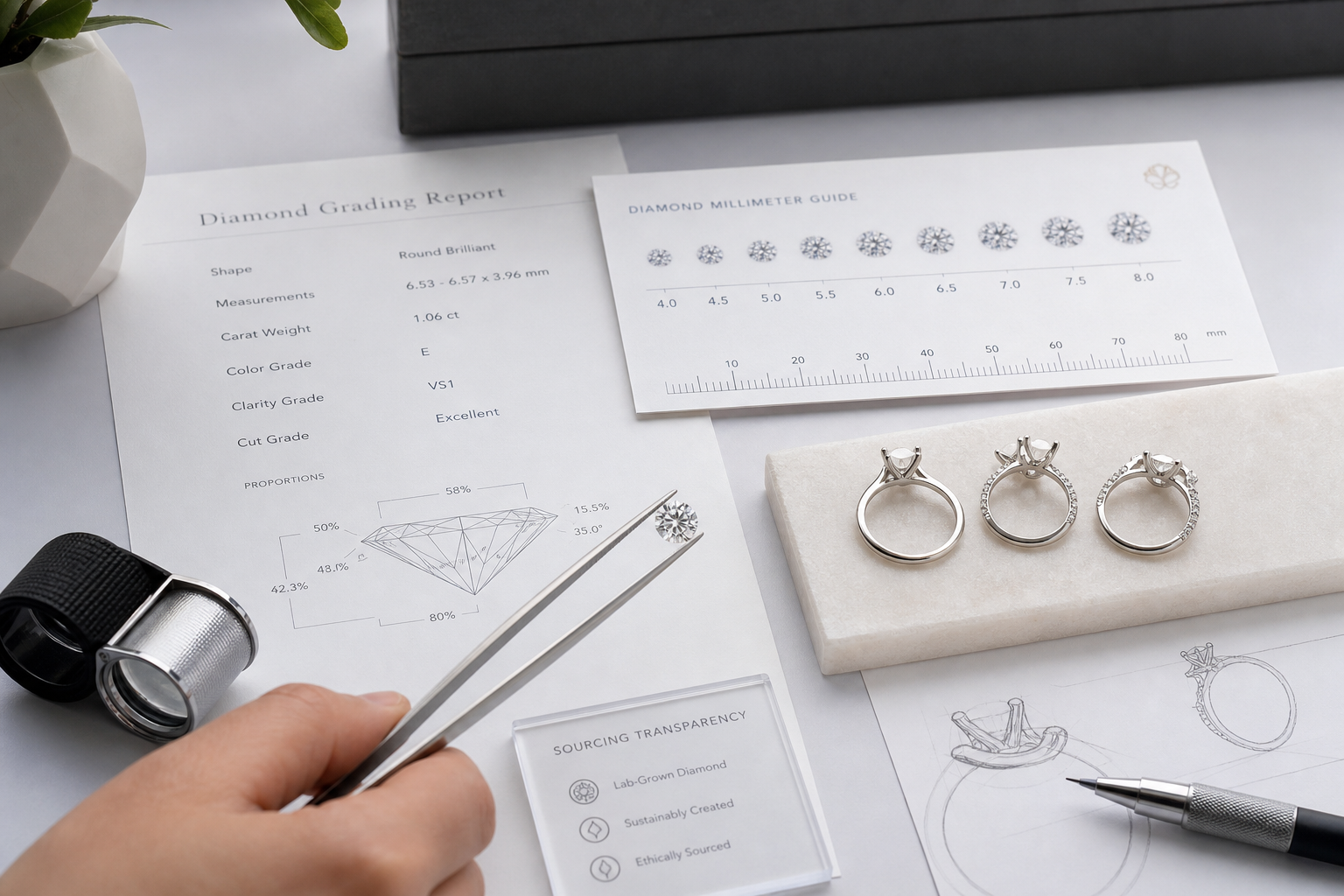 Buyer reviewing a loose lab-grown diamond, grading report, millimeter measurements, and ring setting options together