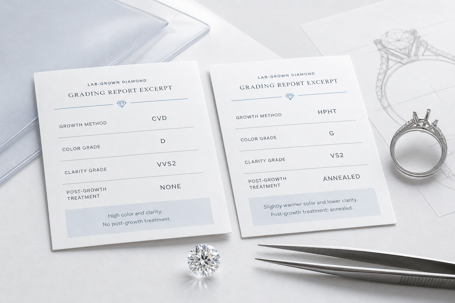 Side-by-side visual comparison of two lab-grown diamond grading report excerpts showing growth method, color grade, clarity grade, and post-growth treatment fields