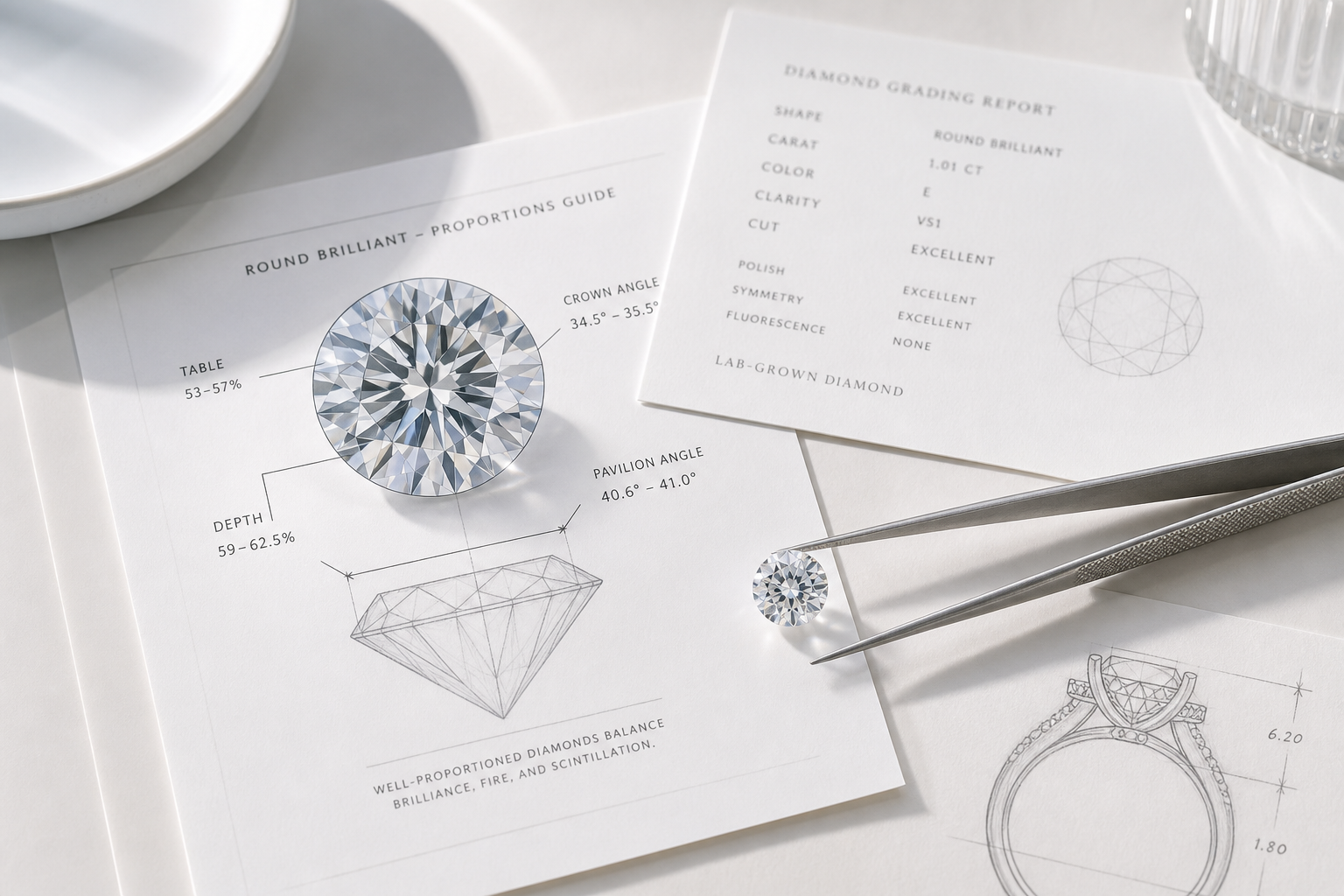 Diagram of a round brilliant diamond showing table percentage, depth percentage, crown angle, and pavilion angle as buyer-friendly proportion checkpoints