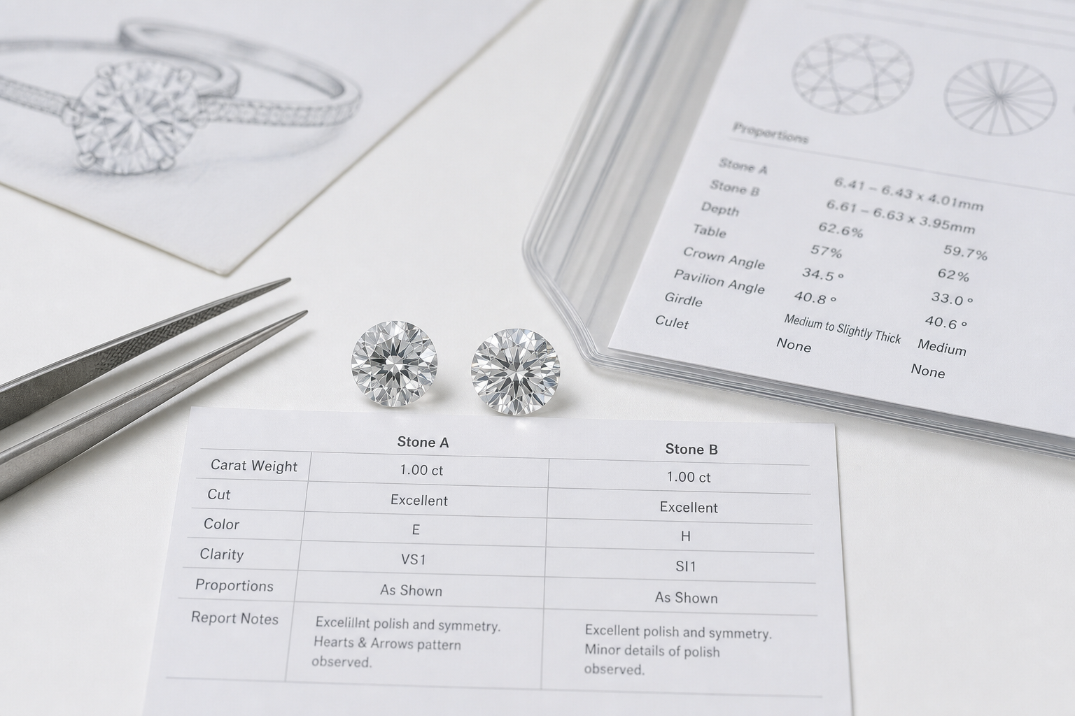 Comparison layout of two round lab-grown diamonds with equal carat weight but different proportions, color grades, clarity grades, and report notes
